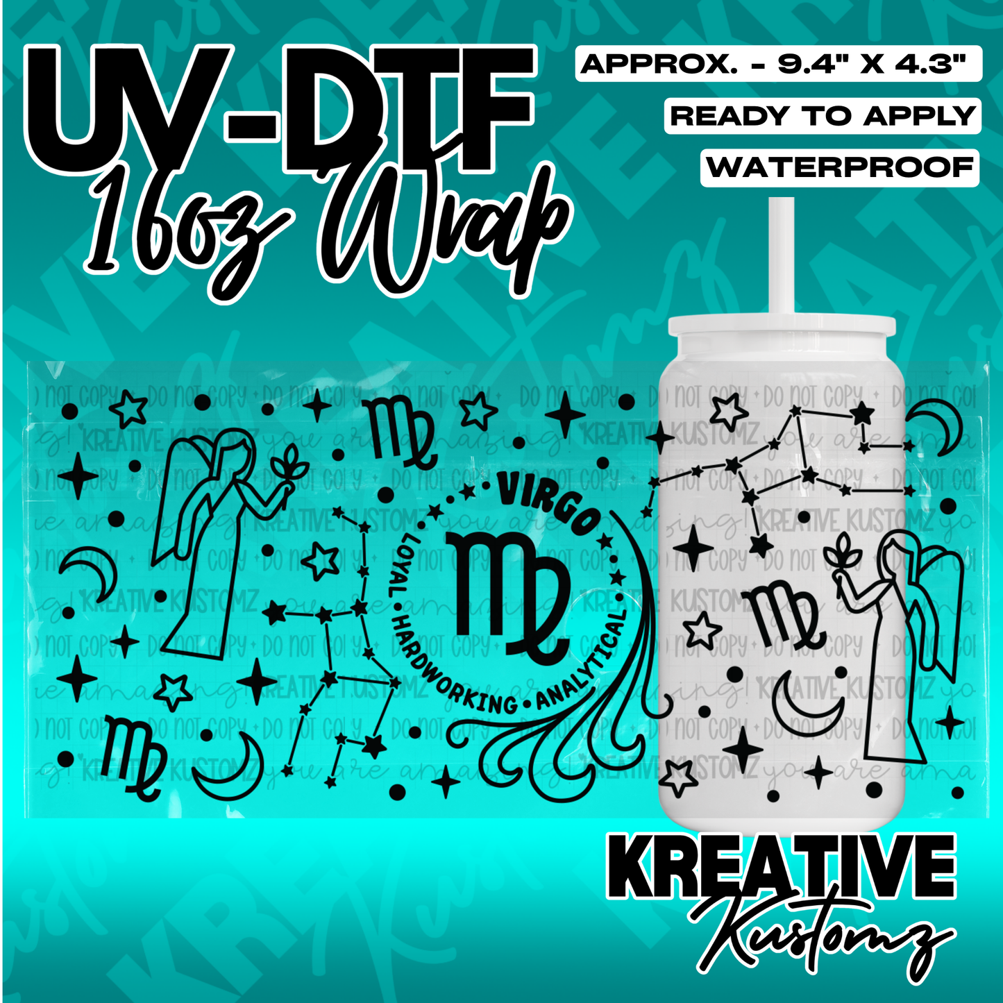 A Virgo themed UV DTF adhesive wrap for a 16oz glass cup featuring zodiac symbols and stars.
