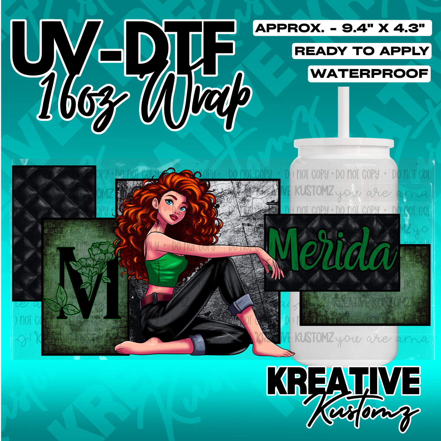 A UV DTF adhesive wrap for 16oz glass cups featuring a Merida character design.
