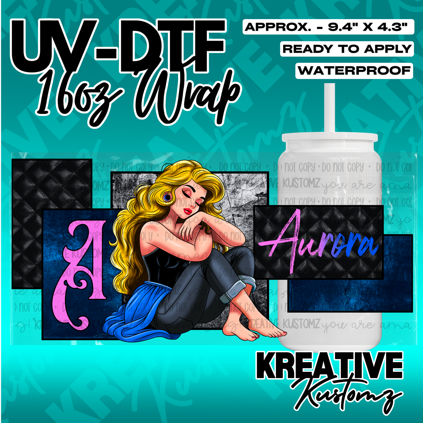 A UV DTF cup wrap featuring a sleeping blonde woman and the name Aurora on a dark quilted pattern.