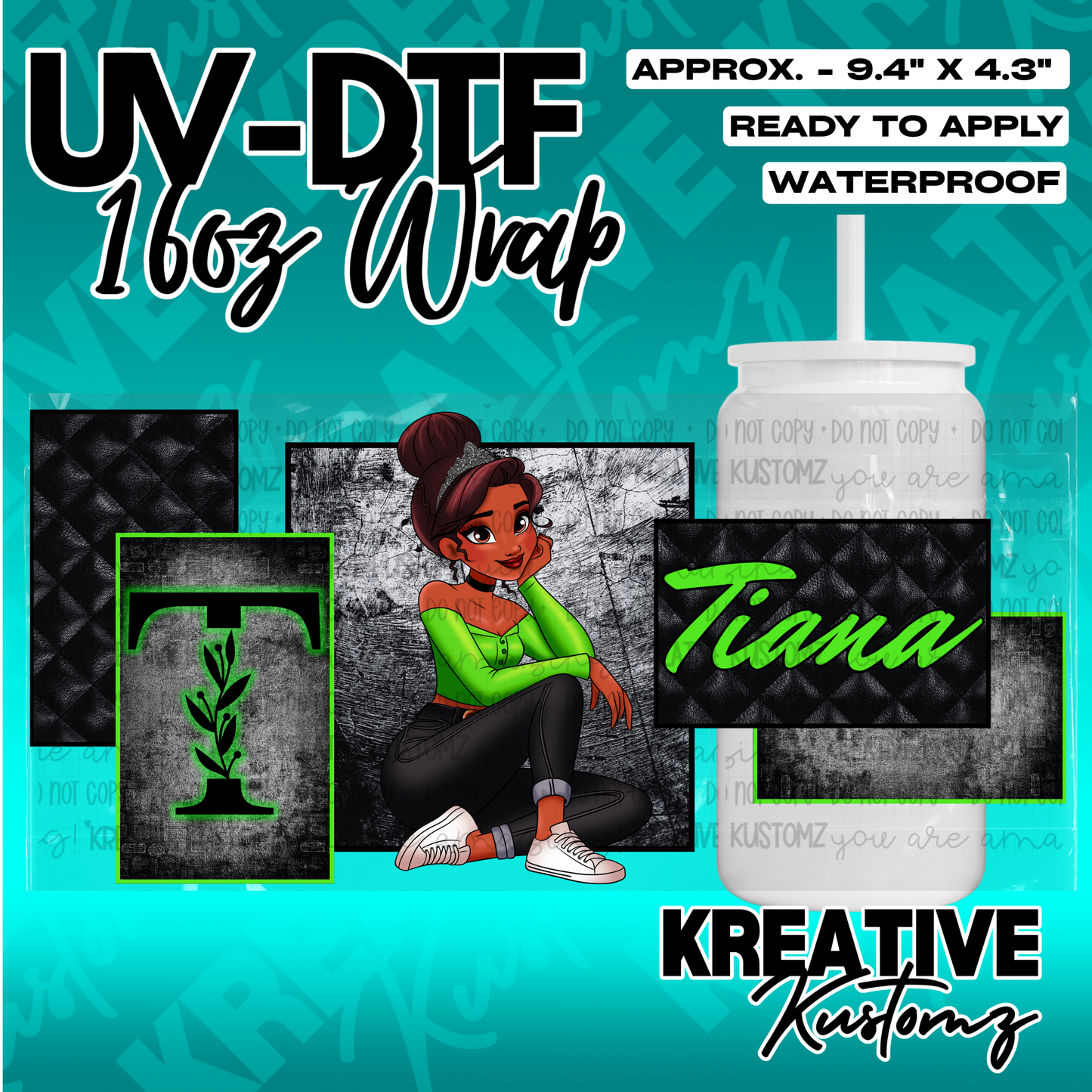 A UV DTF cup wrap featuring a Tiana character design with a black quilted pattern and text.
