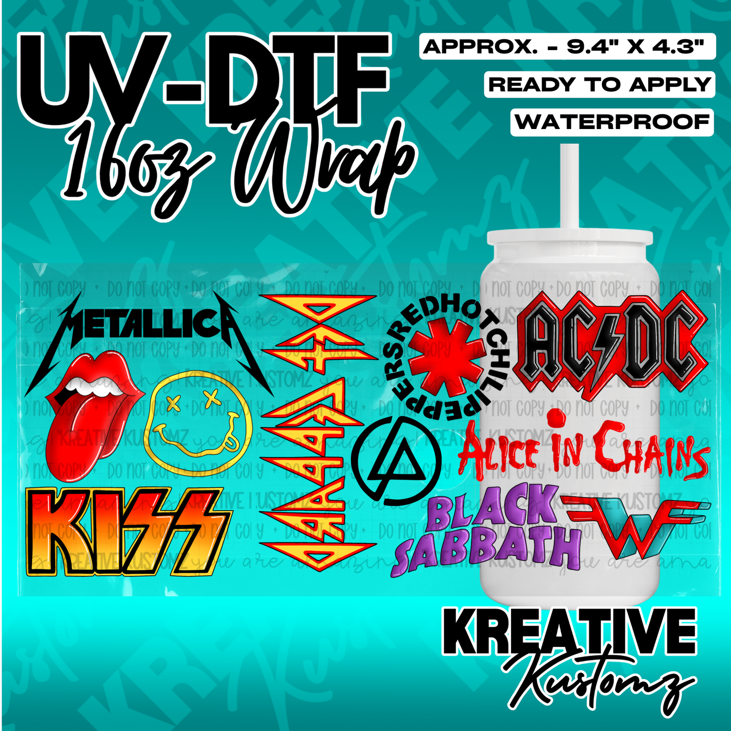 A UV DTF adhesive wrap for 16oz glass cans featuring various rock band logos and icons.