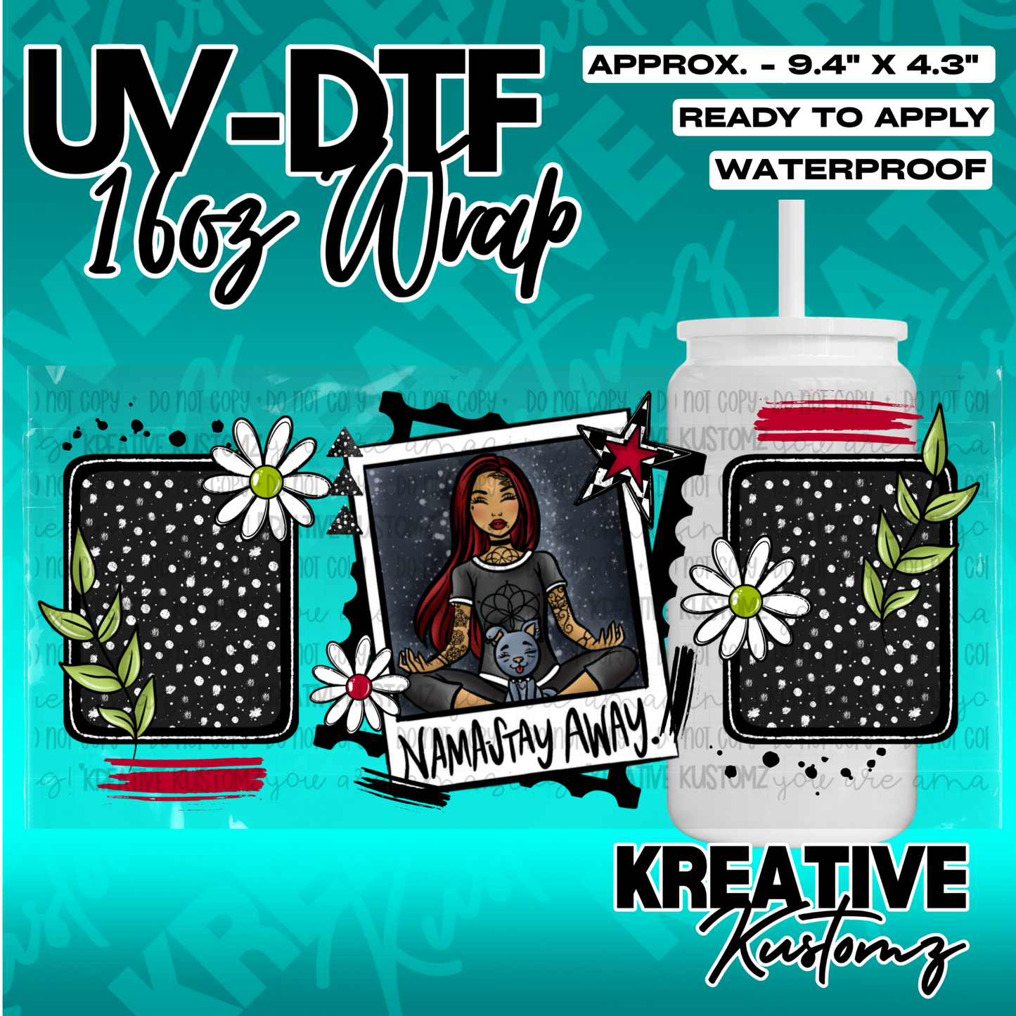 A UV DTF cup wrap featuring a central illustration of a woman meditating with a cat.