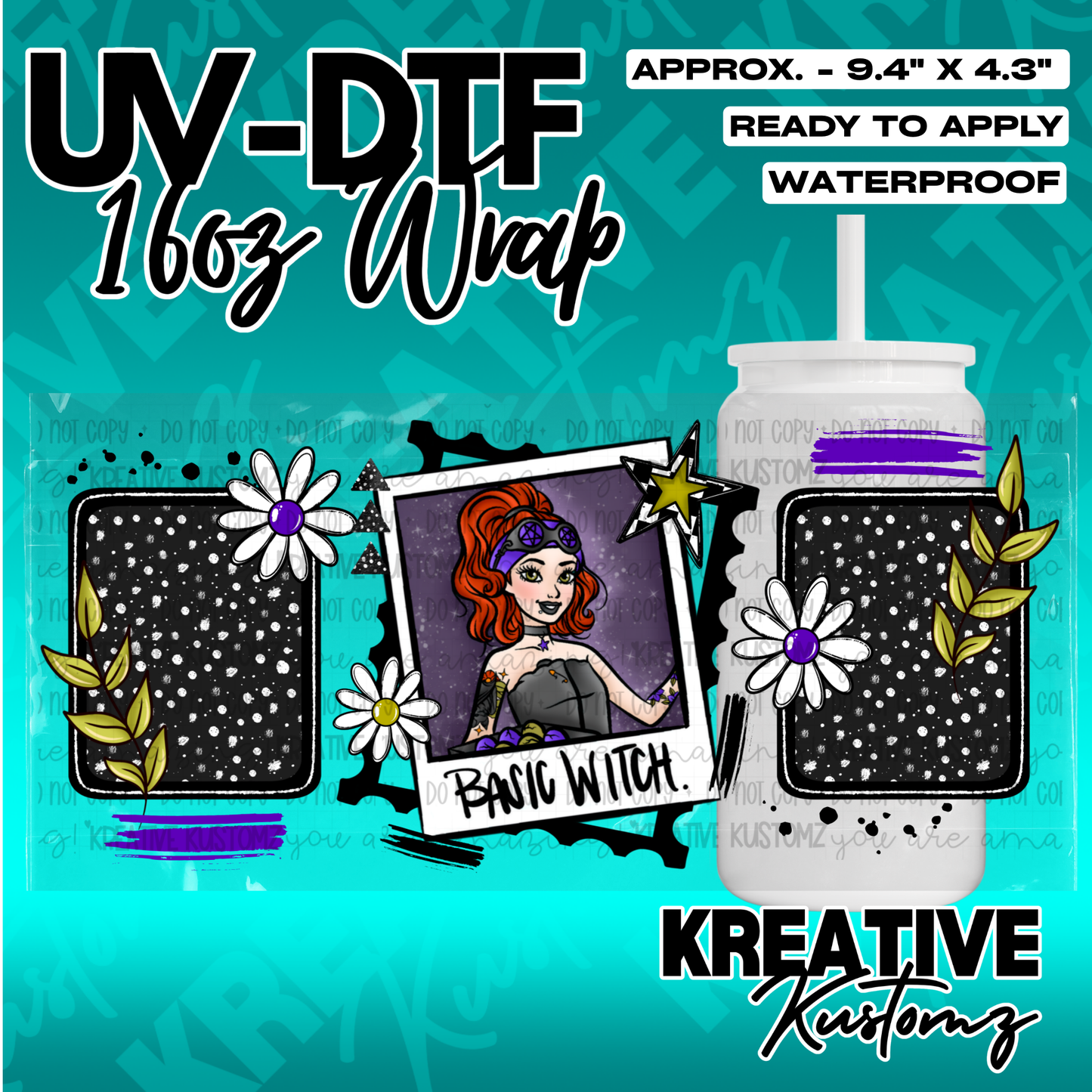A UV DTF cup wrap featuring a witch illustration, daisies, and black polka dot panels.
