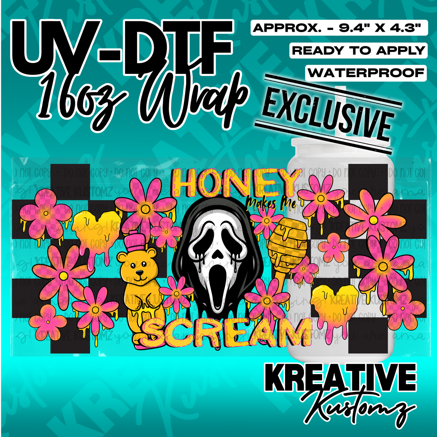 A UV DTF cup wrap featuring a Ghostface mask, honey bear, and flowers on a checkered background.