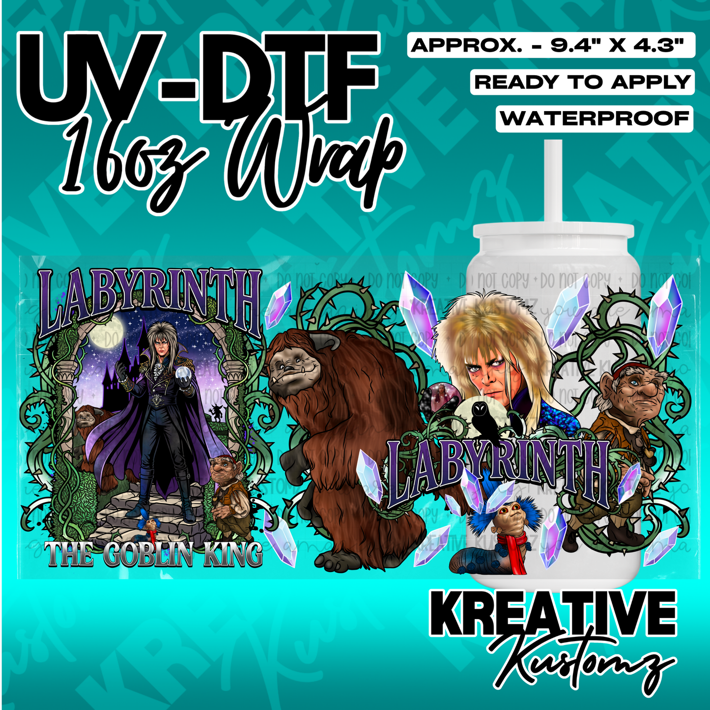 A Labyrinth themed UV DTF adhesive wrap for a 16oz glass cup featuring the Goblin King.