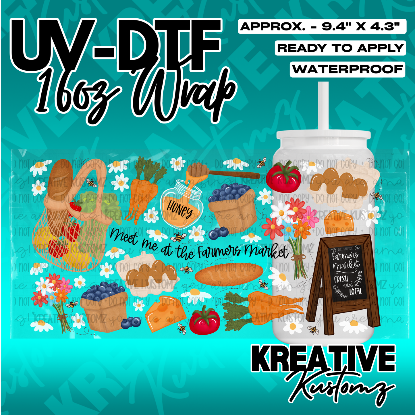 A farmers market themed UV DTF adhesive wrap for a 16oz glass cup featuring produce and flowers.