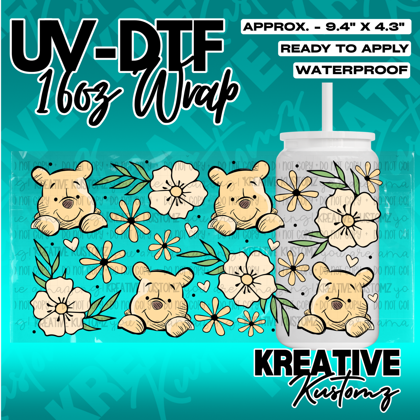 A floral UV DTF cup wrap featuring Winnie the Pooh illustrations for 16oz glass cans.