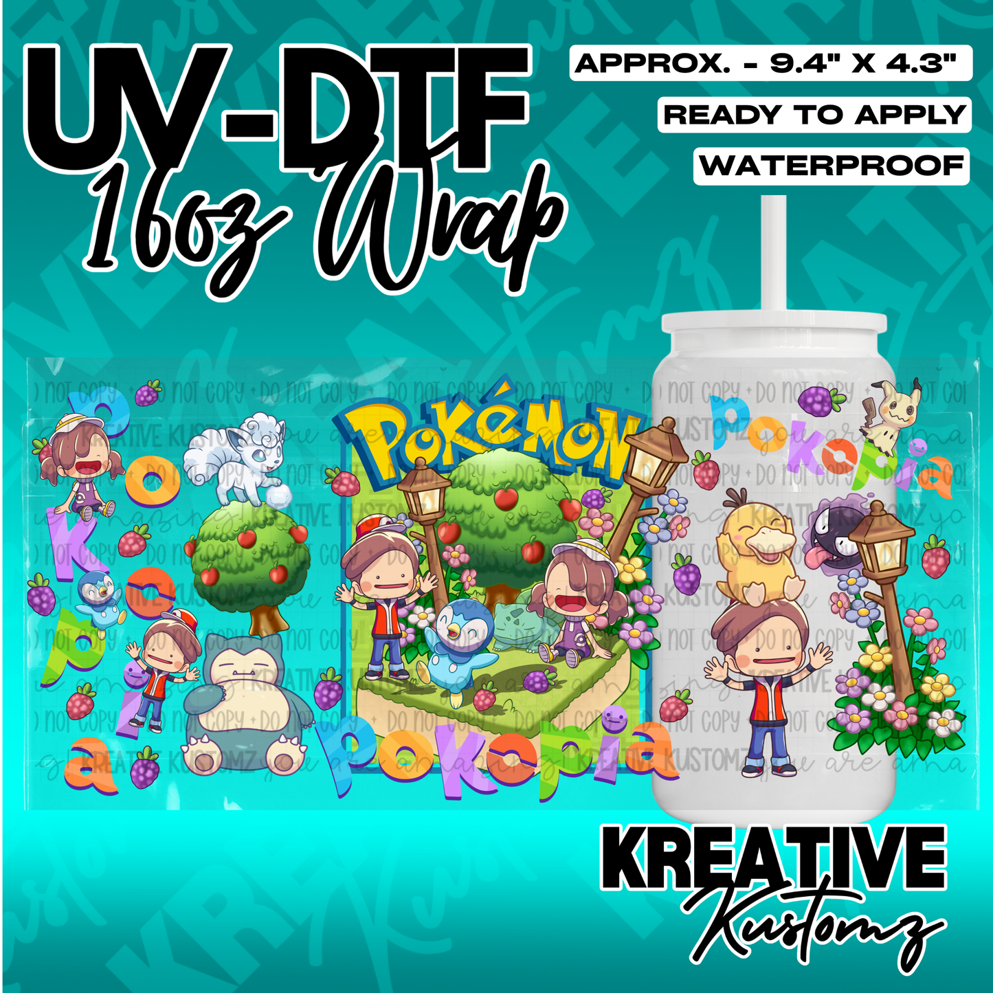 A Pokemon themed adhesive wrap for a 16oz glass can featuring various characters and trees.