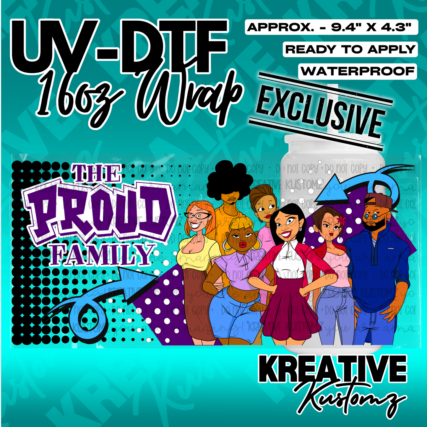 A UV DTF cup wrap featuring The Proud Family characters on a black and purple polka dot background.