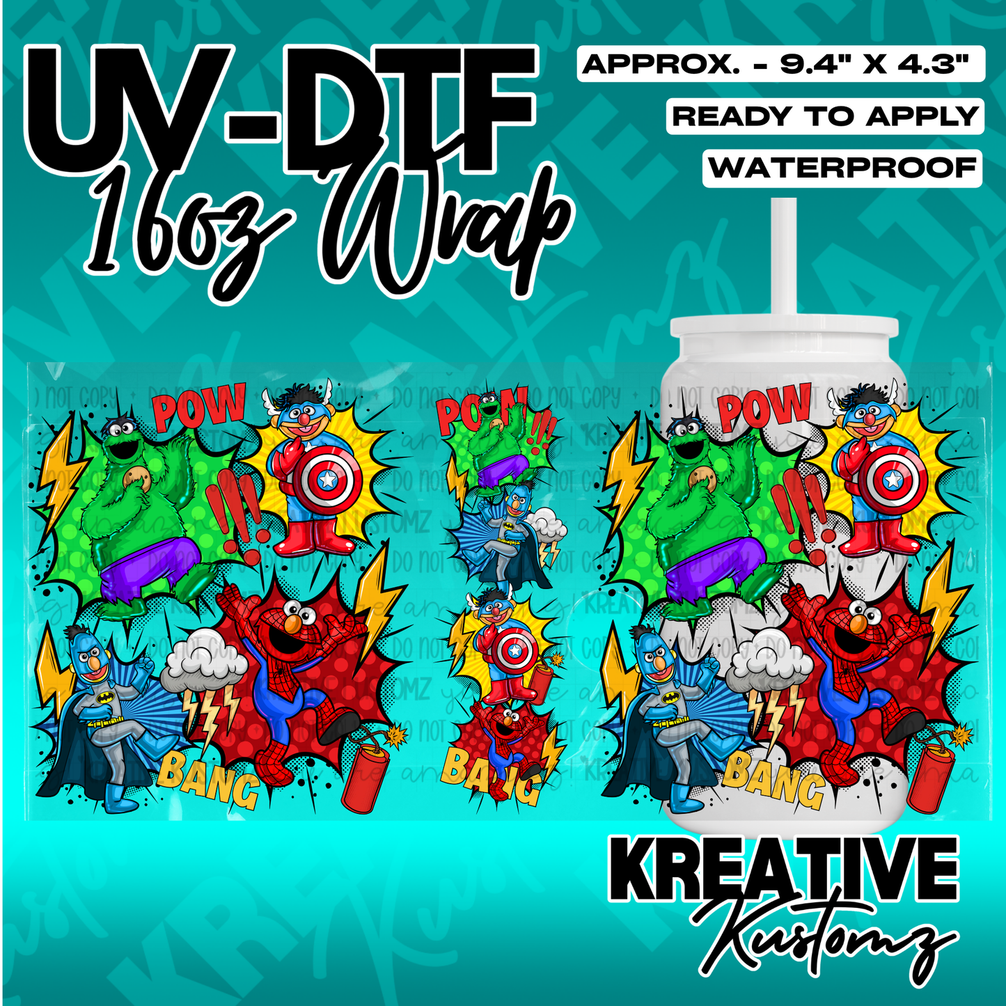 A UV DTF adhesive cup wrap featuring Sesame Street characters dressed as superheroes.