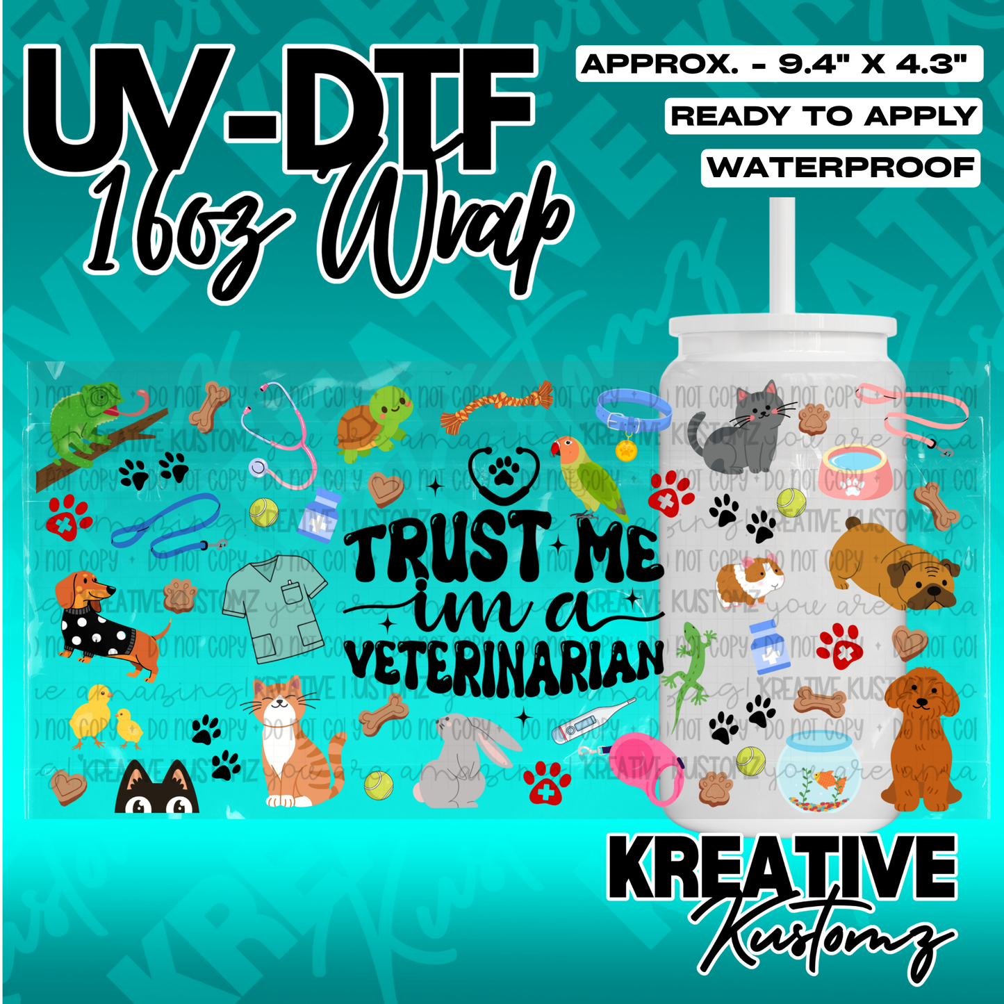 A veterinarian themed UV DTF adhesive wrap for a 16oz glass cup featuring various animal icons.