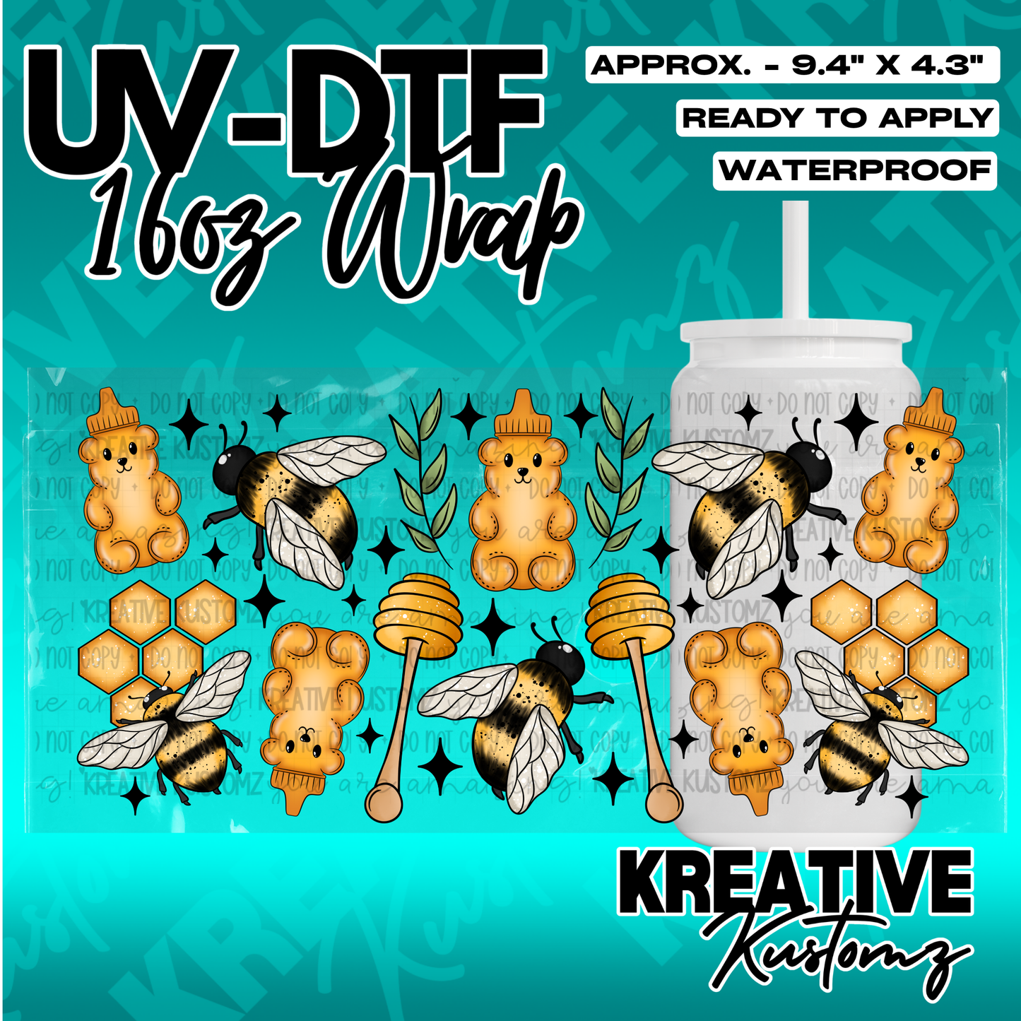 A UV DTF wrap for a 16oz glass cup featuring honey bears, bees, and honeycomb patterns.