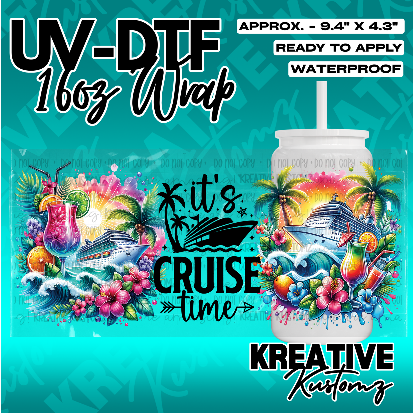 A colorful cruise-themed UV DTF adhesive wrap for a 16oz glass cup featuring tropical designs.