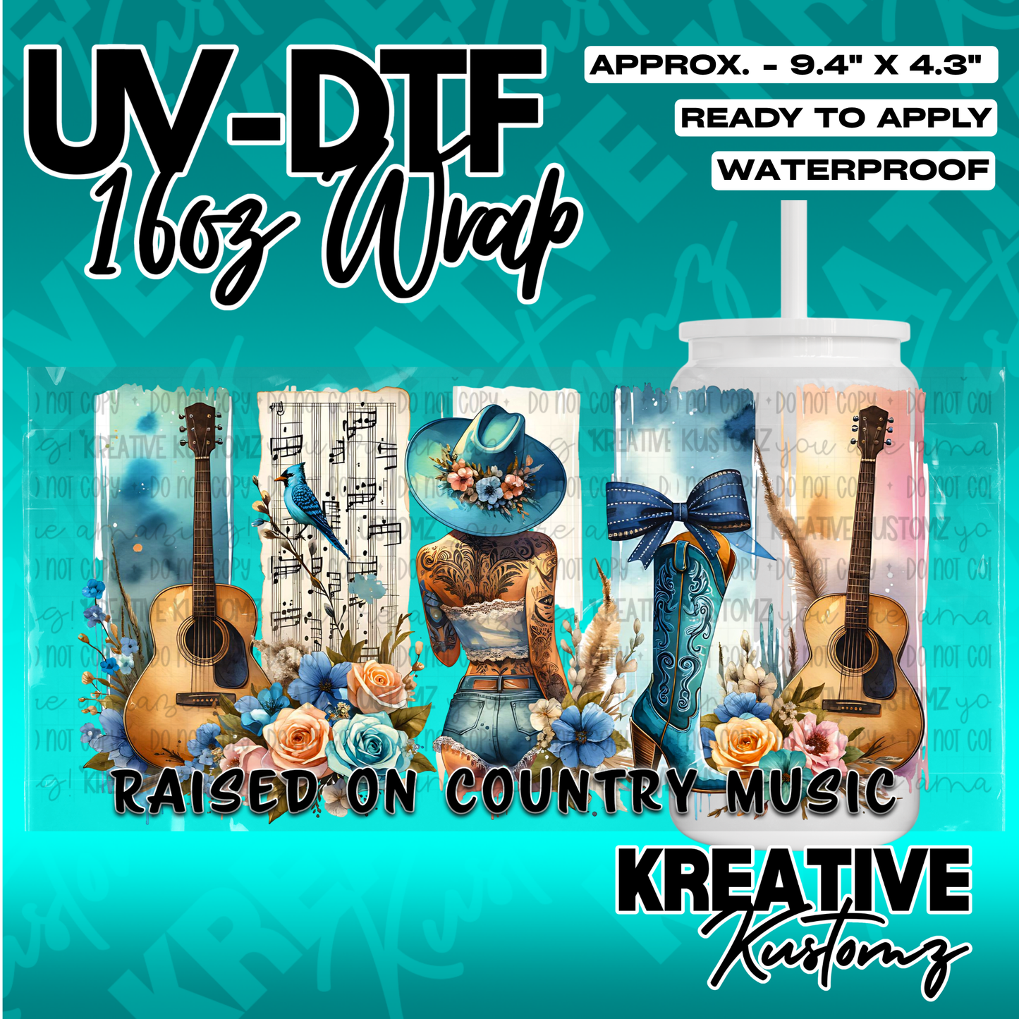 A country music themed UV DTF wrap for a 16oz glass can featuring guitars, flowers, and a cowgirl.