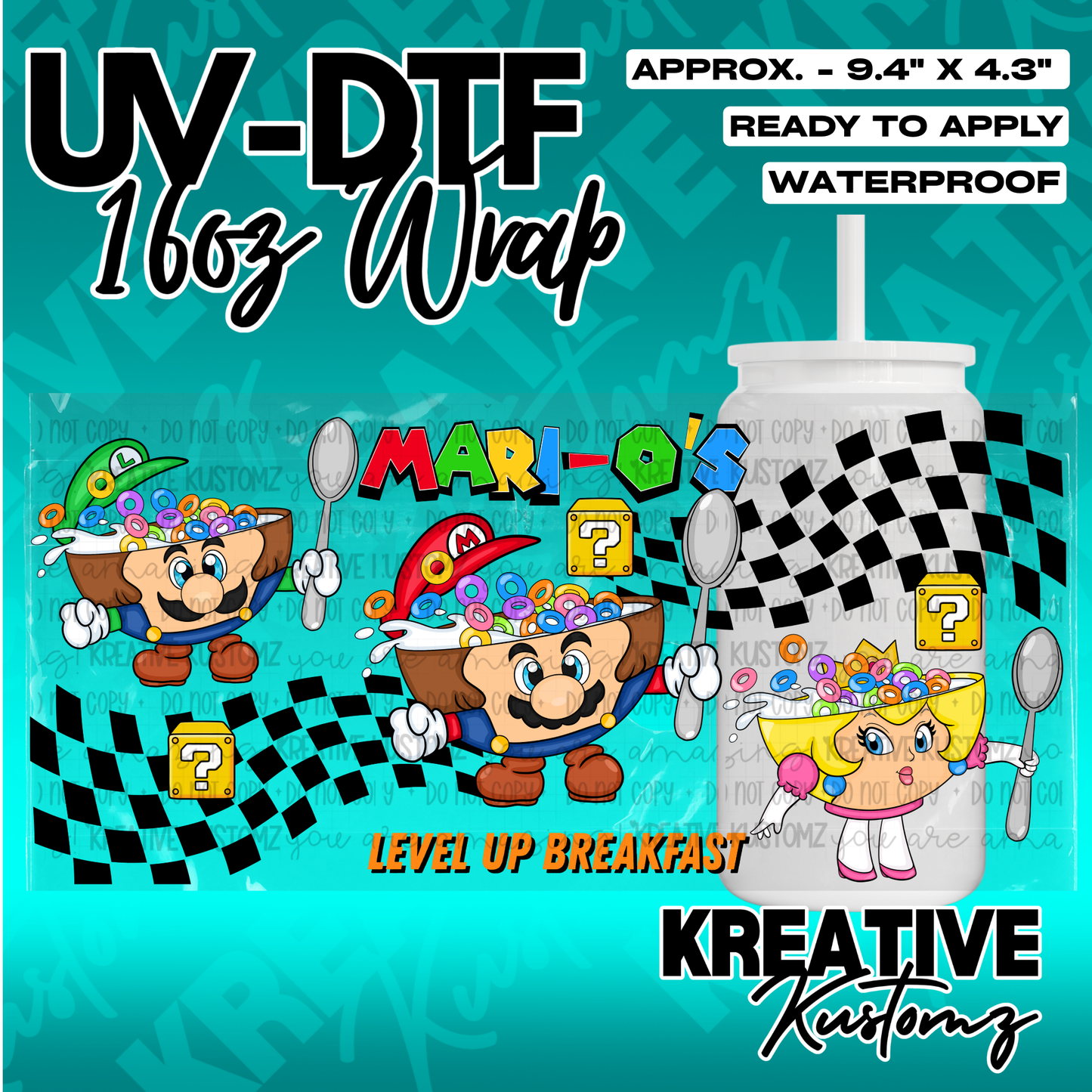 A Mario-themed UV DTF adhesive wrap for a 16oz glass cup featuring characters eating cereal.