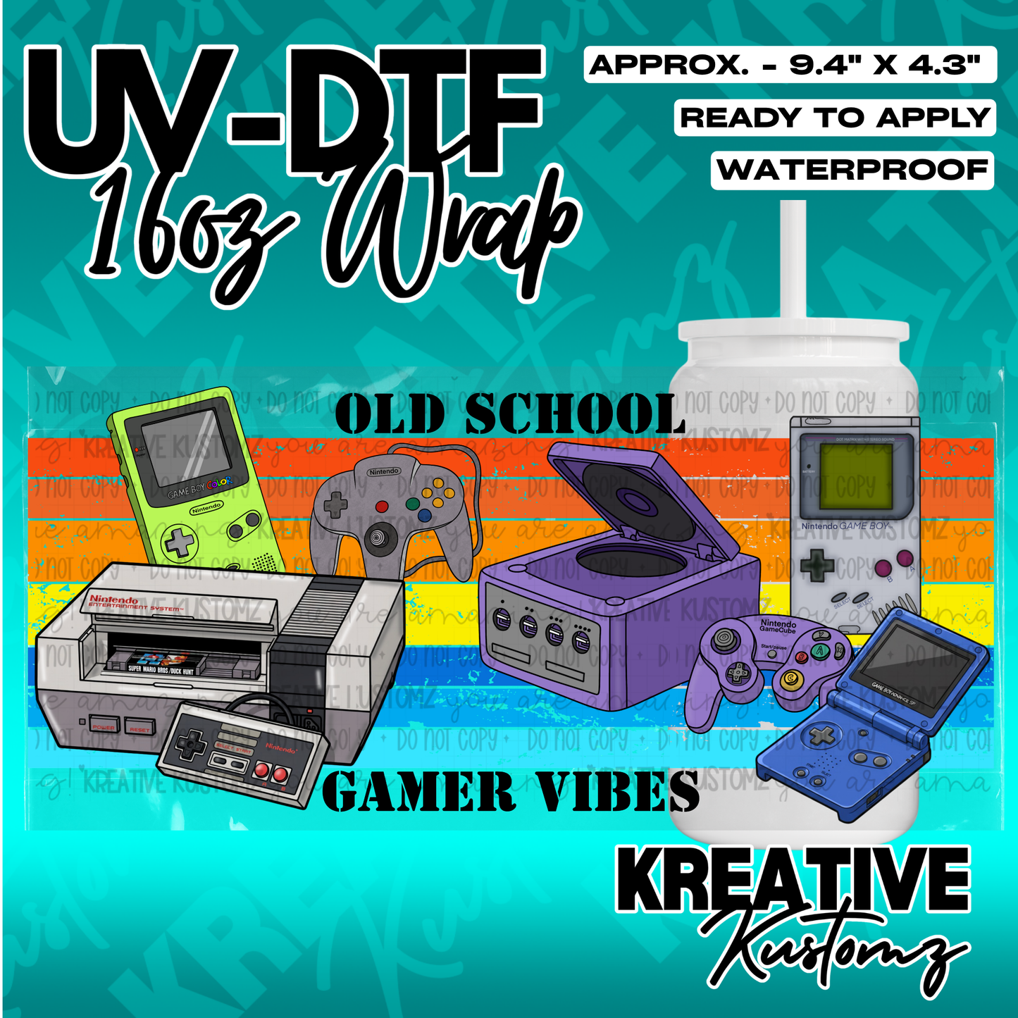A UV DTF cup wrap featuring retro Nintendo consoles and controllers on a striped background.