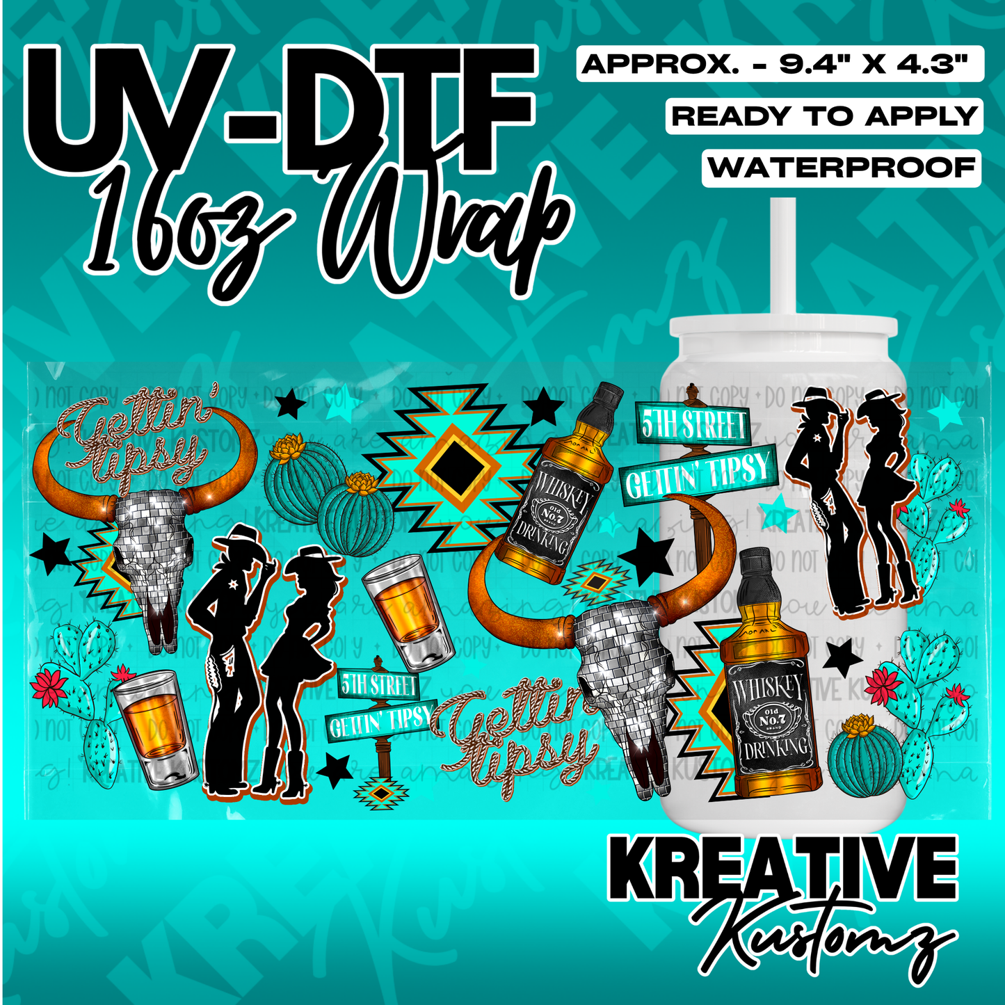 A western-themed UV DTF adhesive wrap for a 16oz glass cup featuring cowboy and whiskey motifs.