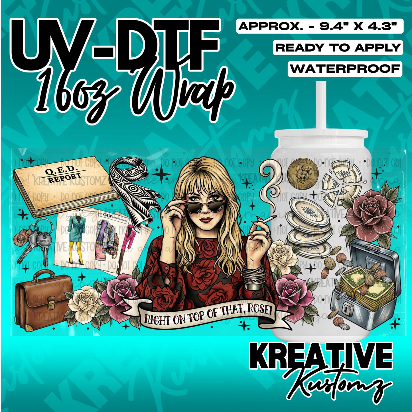 A UV DTF adhesive wrap for 16oz glass cans featuring a woman, roses, and various accessories.