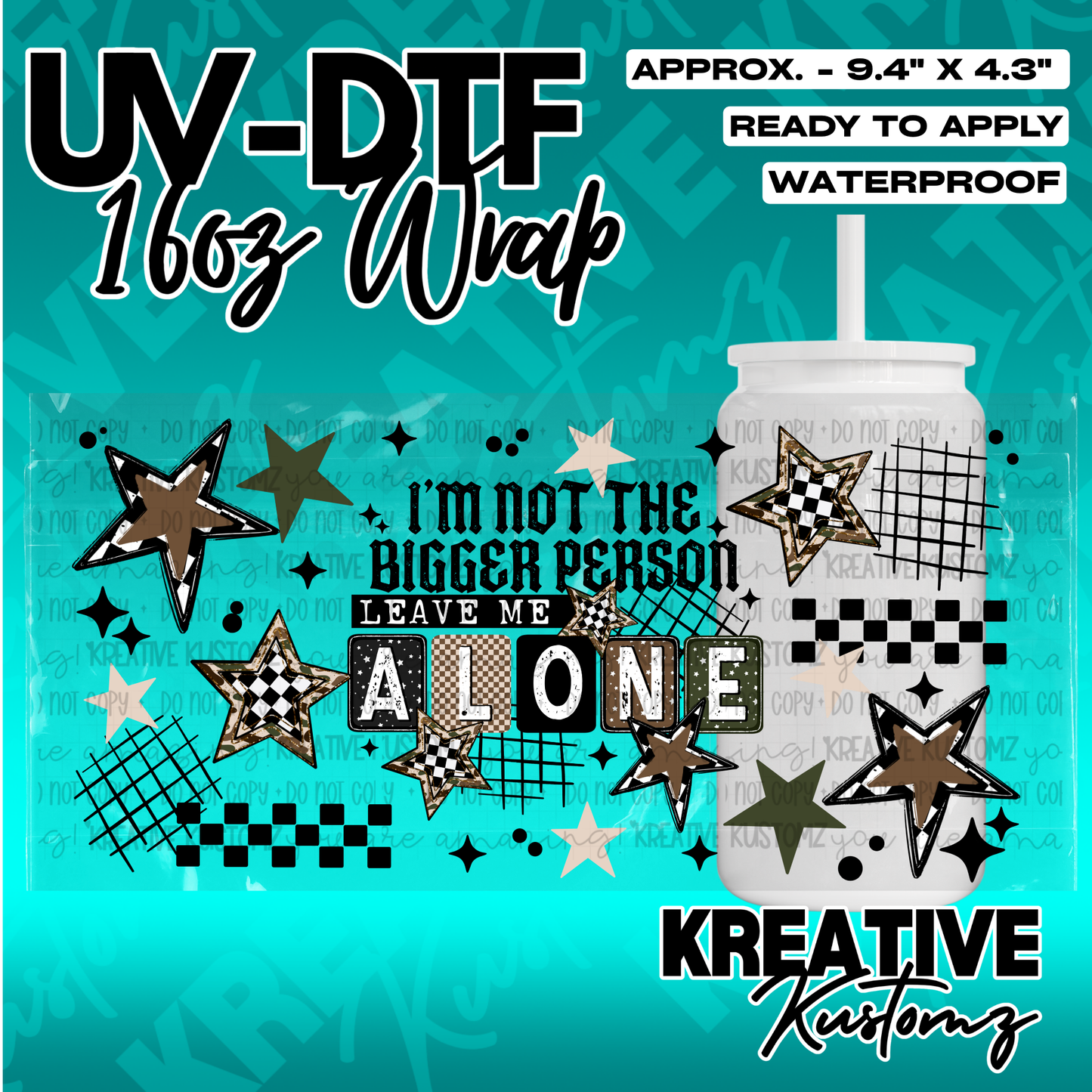 A UV DTF adhesive wrap for 16oz glass cans featuring stars, checkered patterns, and text.