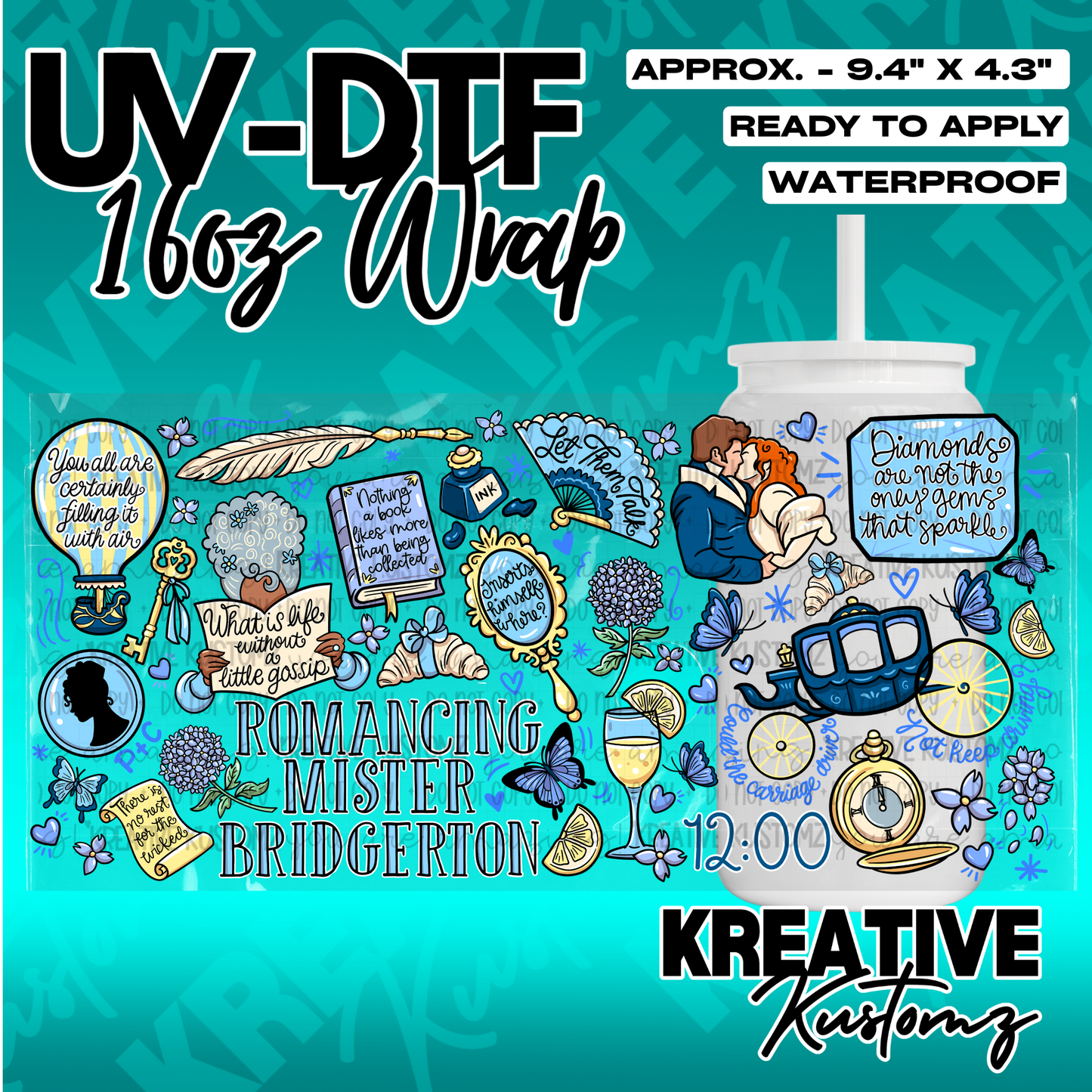 A Bridgerton-themed UV DTF adhesive wrap for 16oz glass cans featuring various romantic illustrations.