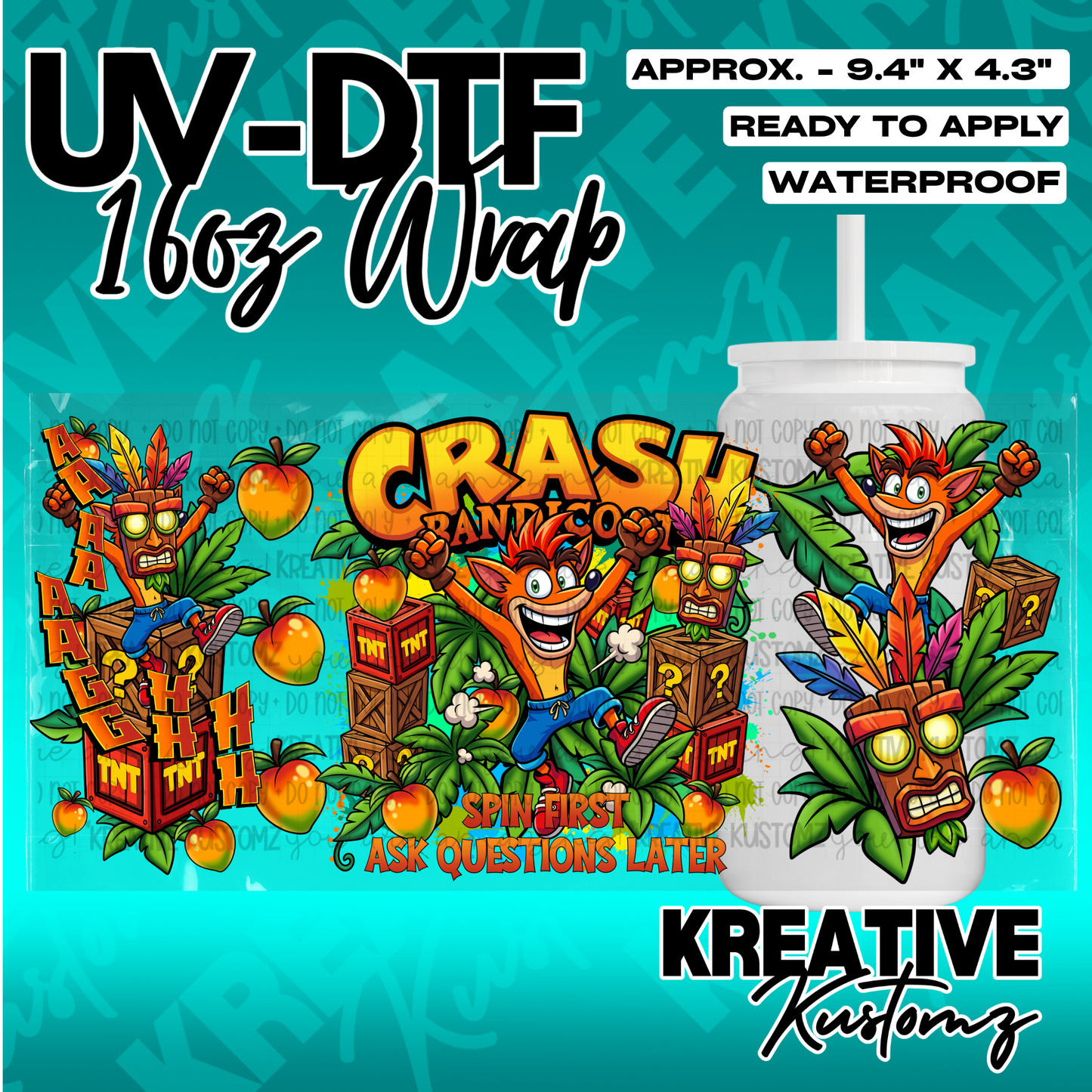 A Crash Bandicoot themed UV DTF adhesive wrap for a 16oz glass can.
