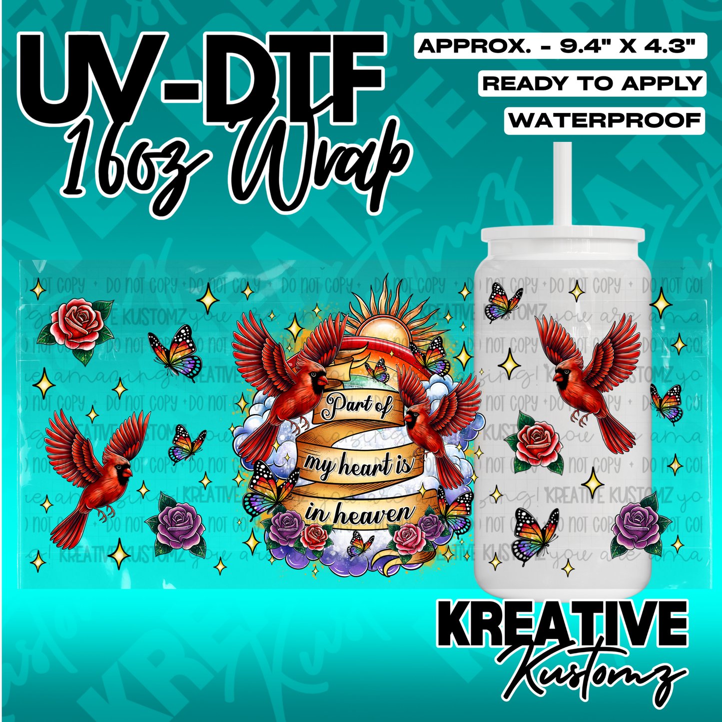 A UV DTF adhesive wrap for 16oz glass cans featuring cardinals, roses, butterflies, and text.