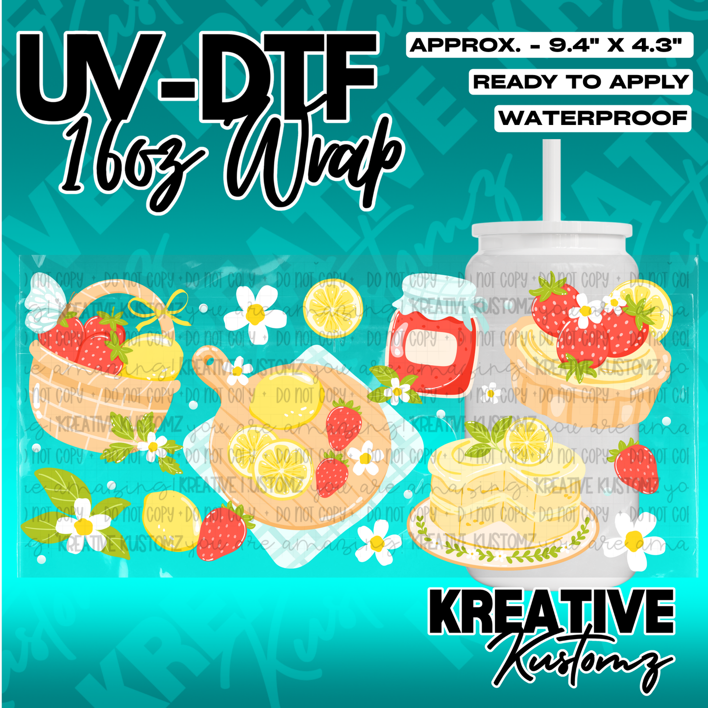 A strawberry and lemon themed UV DTF wrap for a 16oz glass cup.