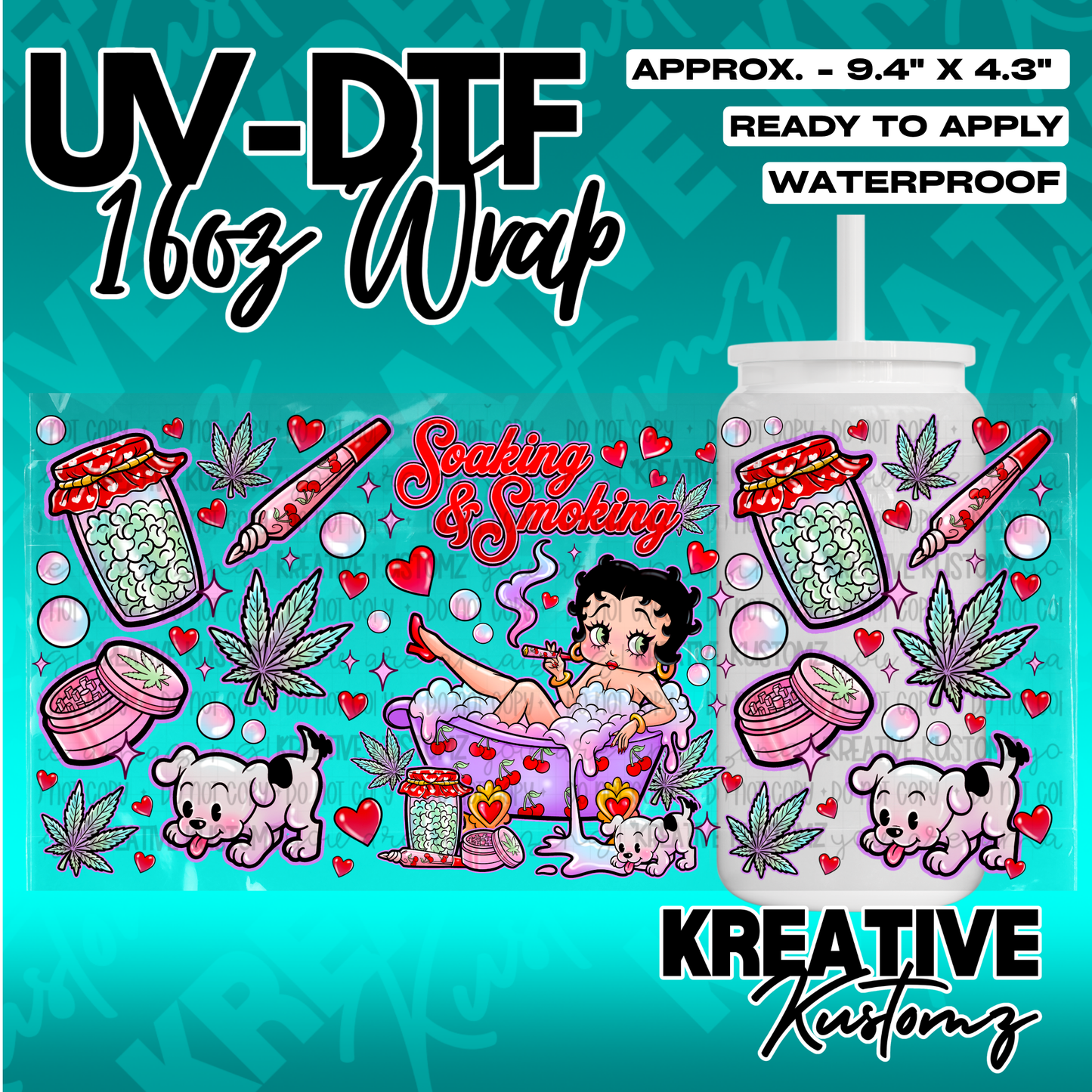 A UV DTF adhesive wrap for 16oz glass cans featuring a Betty Boop soaking and smoking theme.