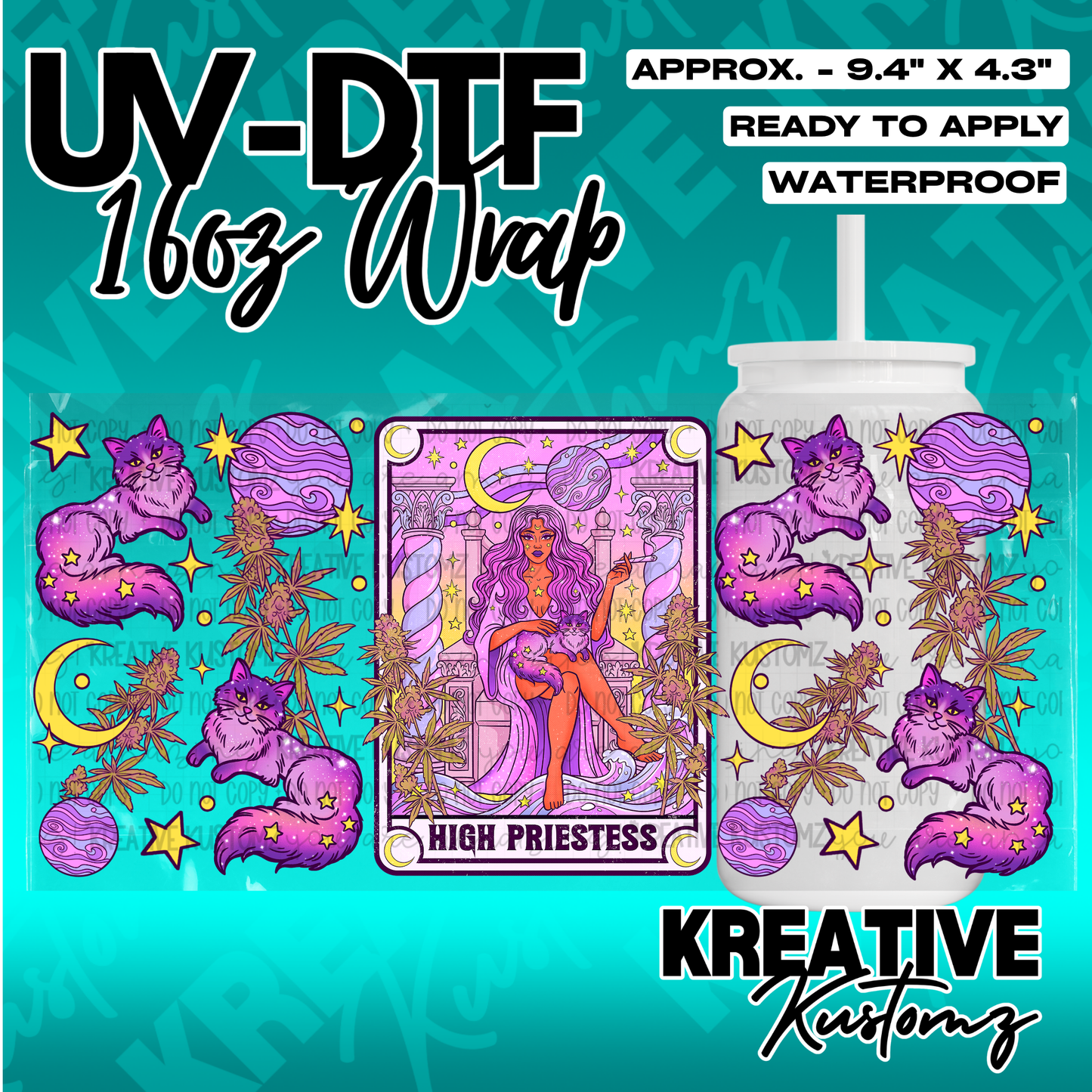 A UV DTF adhesive wrap for a 16oz glass cup featuring a High Priestess tarot card and cat design.