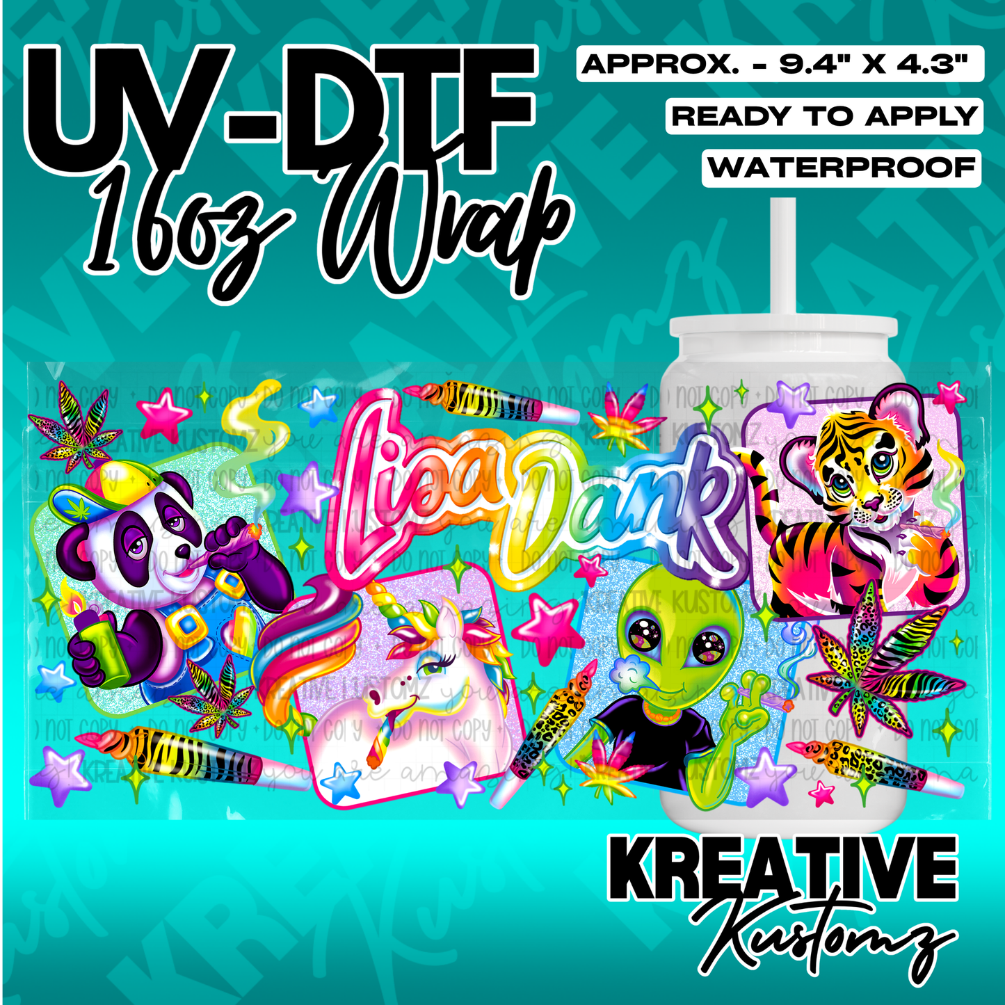 A vibrant UV DTF adhesive wrap for 16oz glass cans featuring colorful cartoon characters.