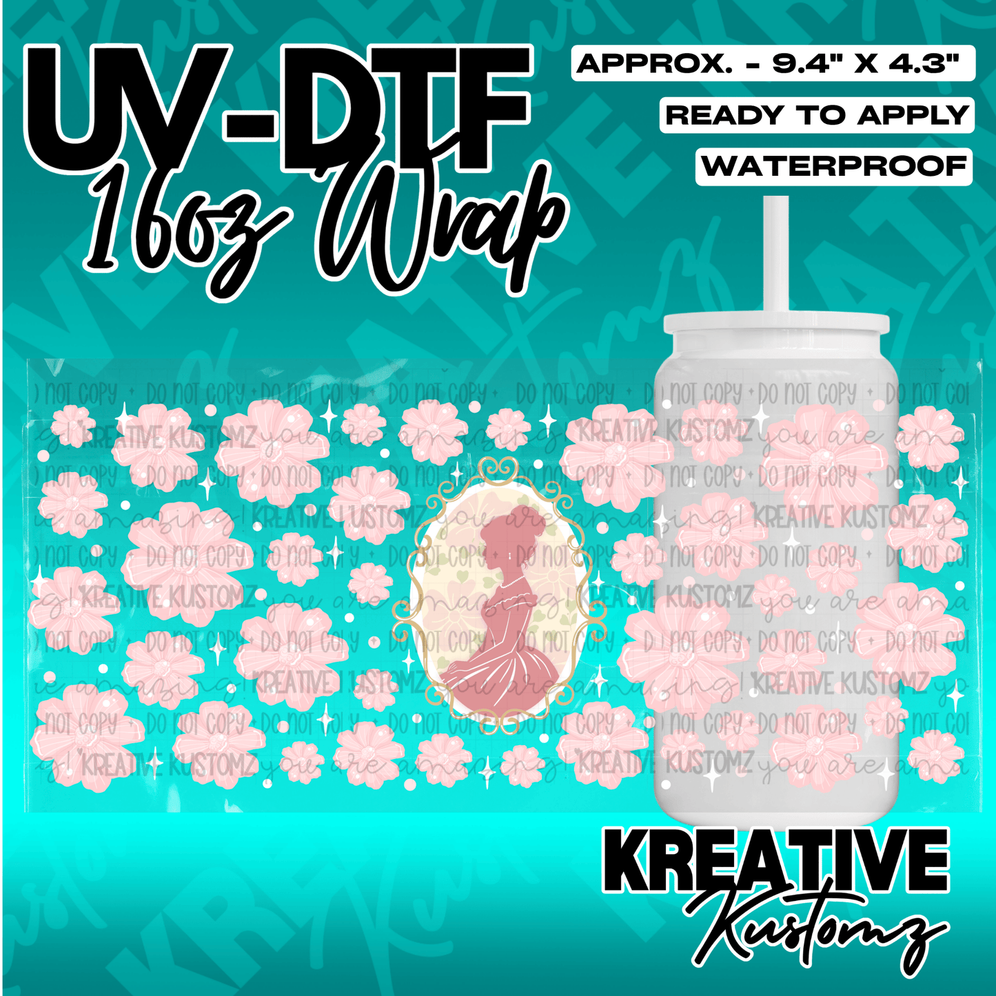 A floral UV DTF adhesive wrap for 16oz glass cans featuring a silhouette in a gold frame.