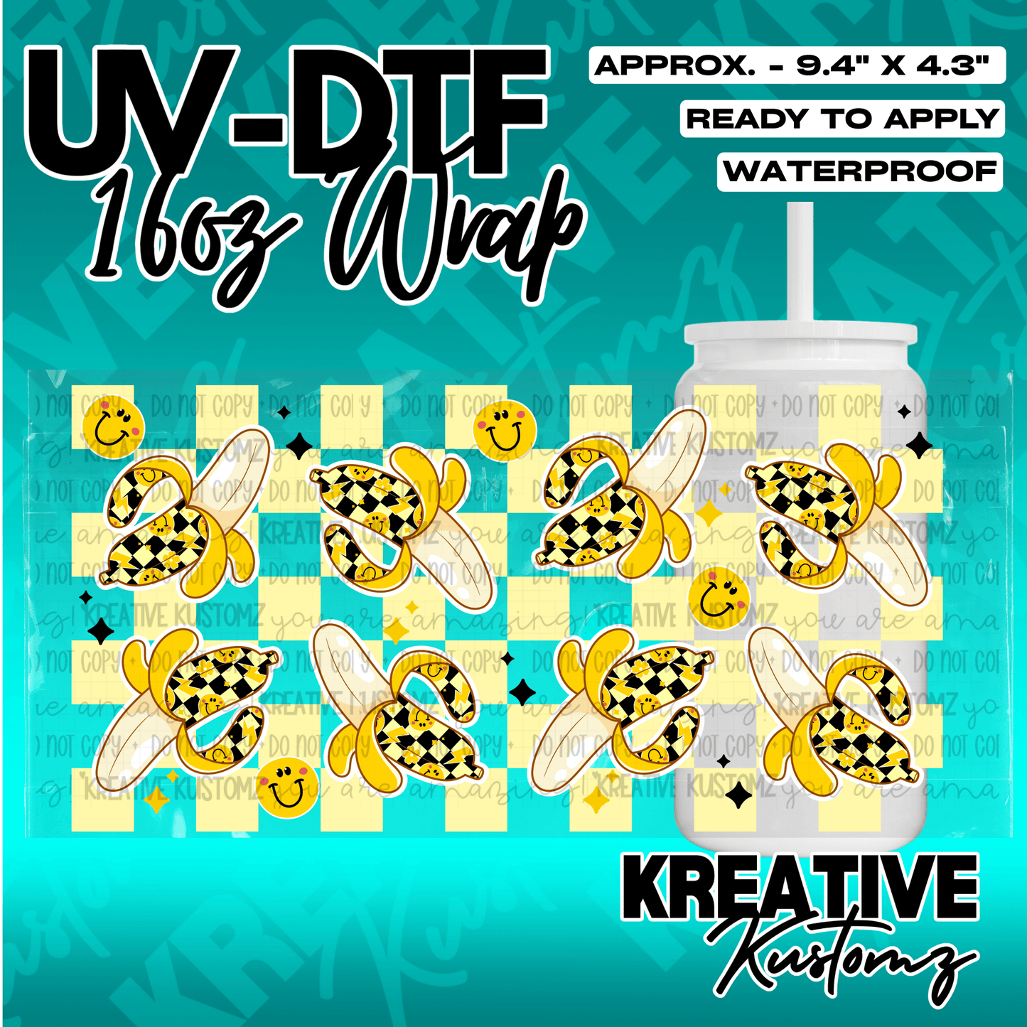 A UV DTF adhesive cup wrap featuring a yellow checkered pattern with bananas and smiley faces.