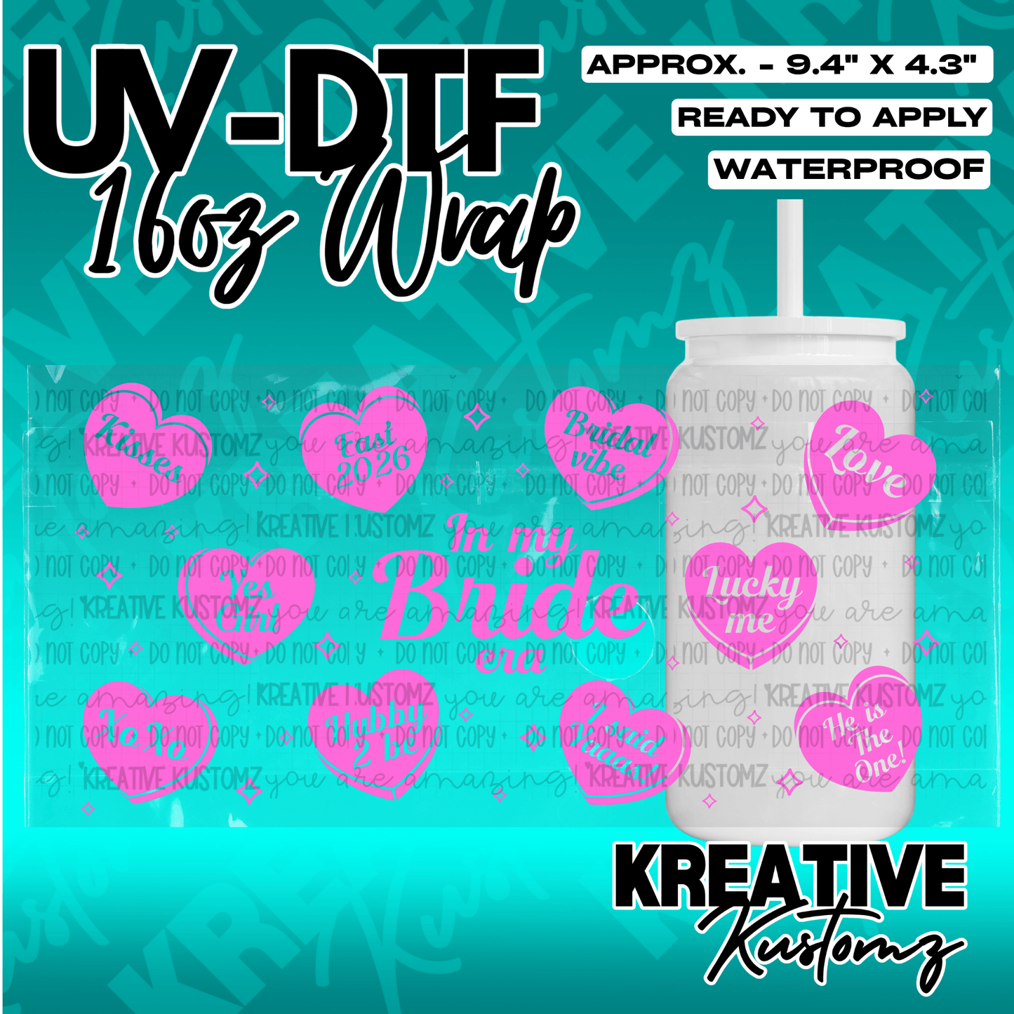 A pink heart-themed UV DTF adhesive wrap for 16oz glass cups featuring wedding-related text.