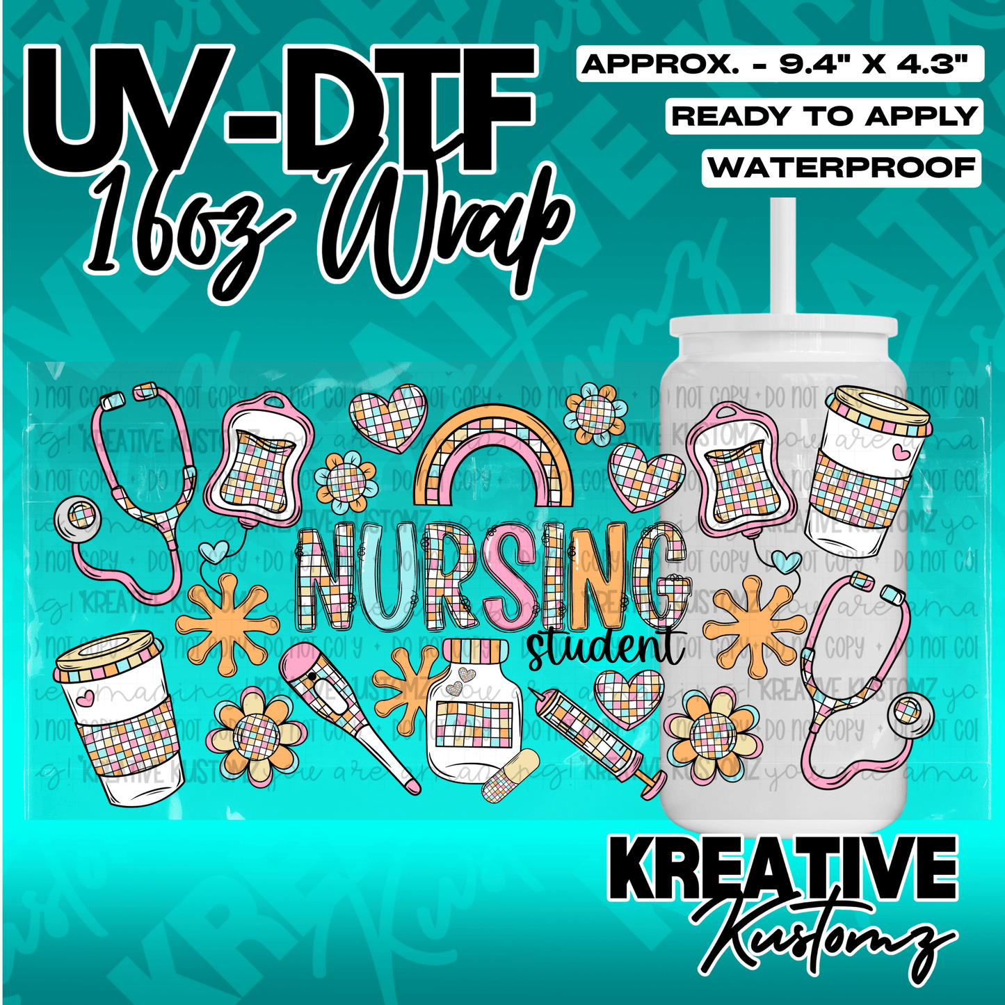 A nursing student themed UV DTF cup wrap featuring medical icons and colorful patterns.