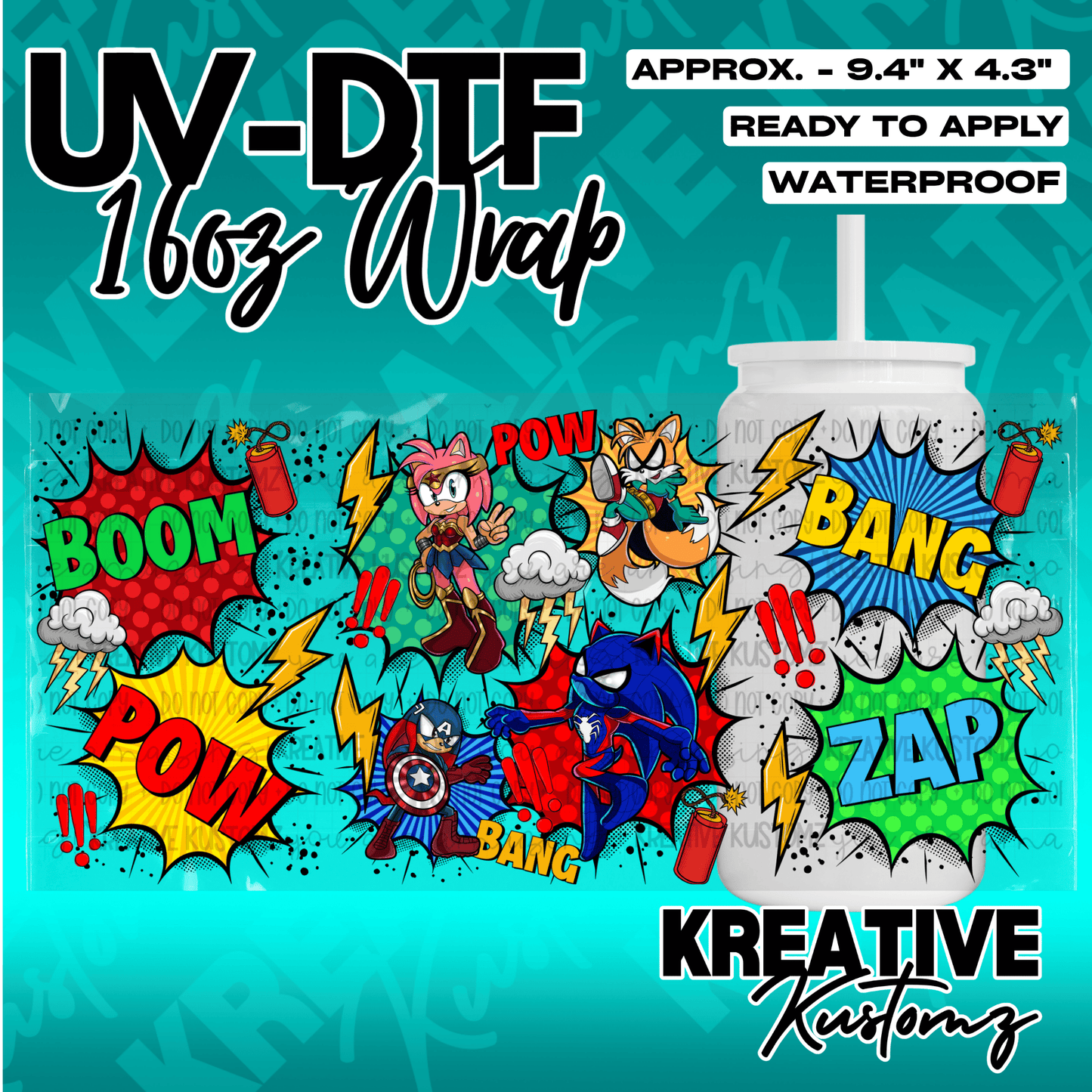 A comic book style UV DTF adhesive wrap for 16oz glass cans featuring Sonic characters.