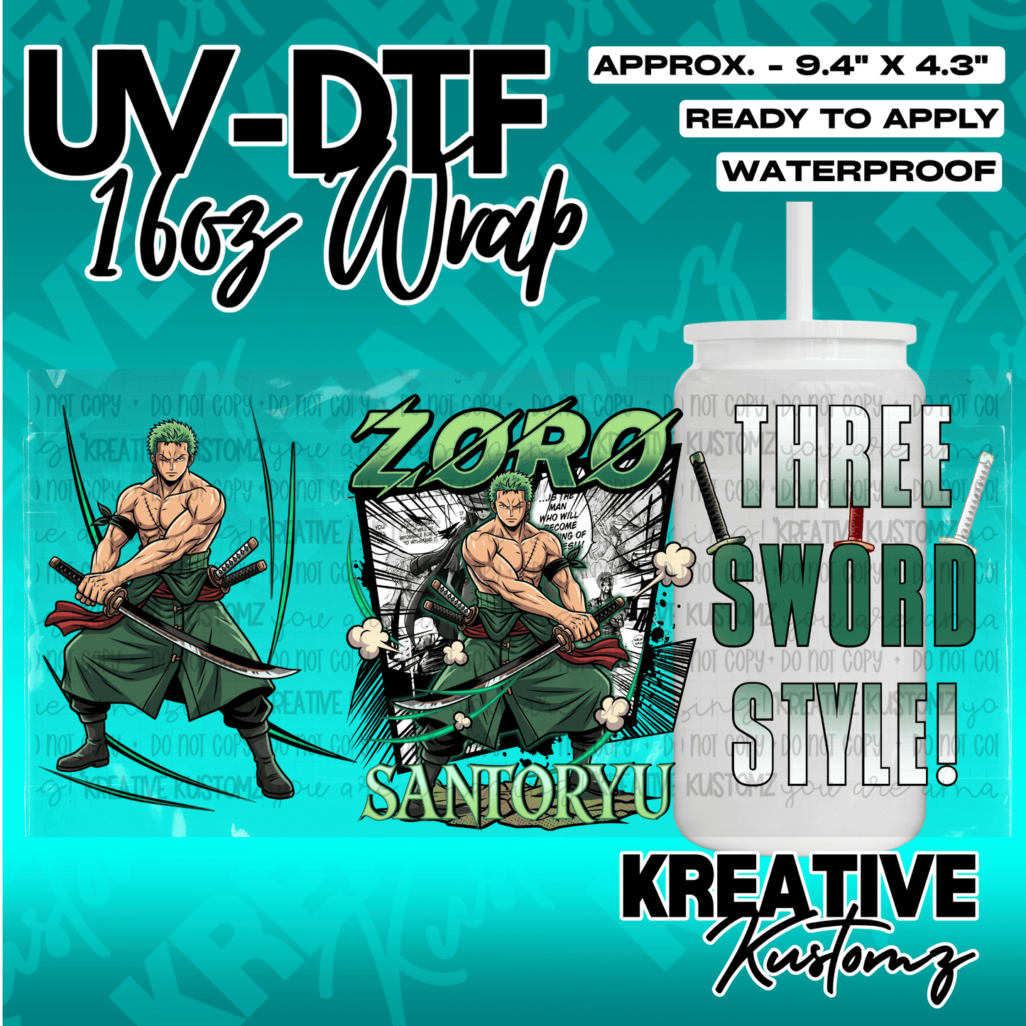 A Zoro themed UV DTF adhesive wrap for a 16oz glass cup featuring anime character graphics.