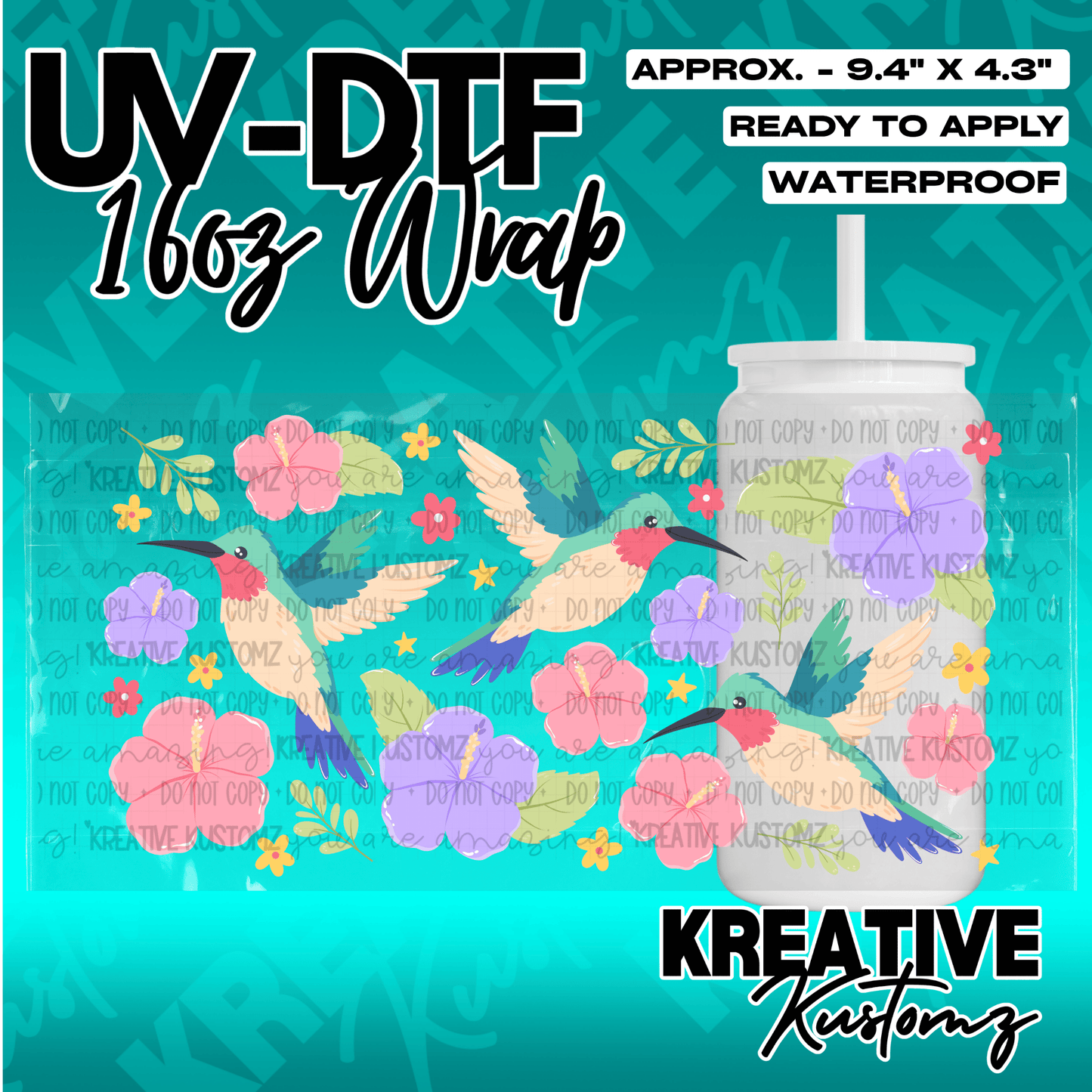 A floral UV DTF adhesive wrap for 16oz glass cans featuring hummingbirds and hibiscus flowers.