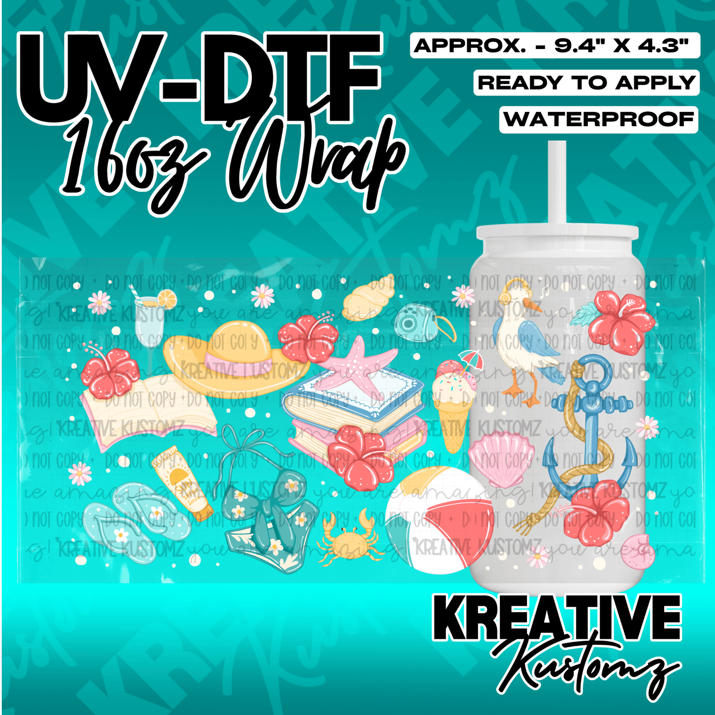 A summer themed UV DTF adhesive wrap for a 16oz glass cup featuring beach icons.