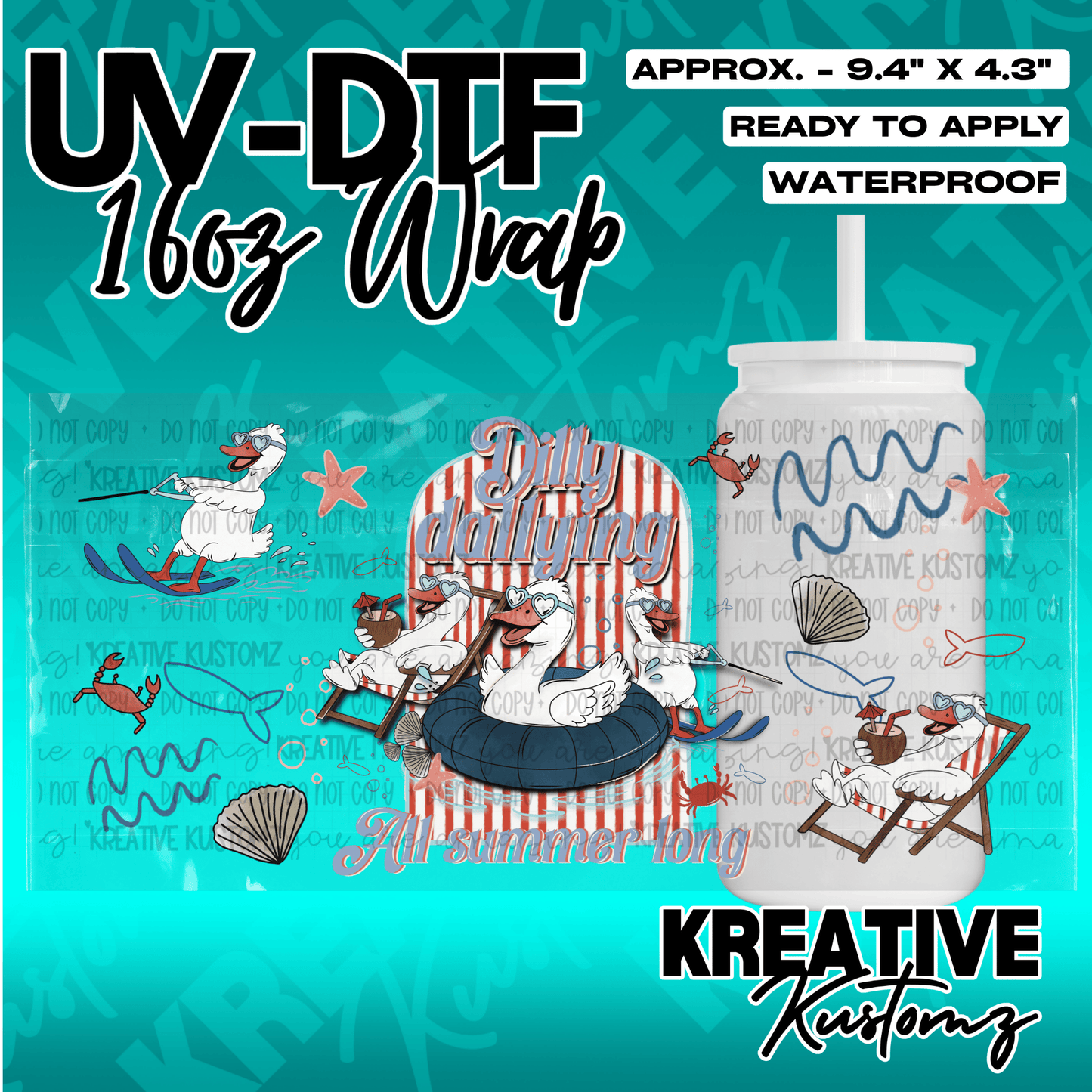 A UV DTF adhesive wrap for 16oz glass cans featuring ducks enjoying summer activities.