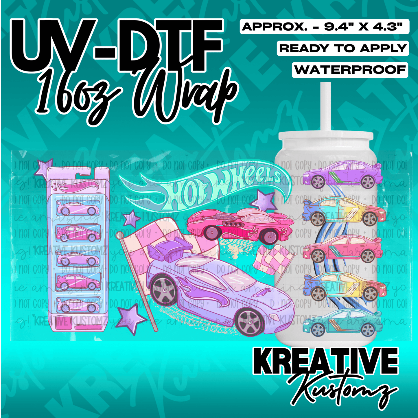 A Hot Wheels themed UV DTF wrap for a 16oz glass can featuring toy cars and racing graphics.
