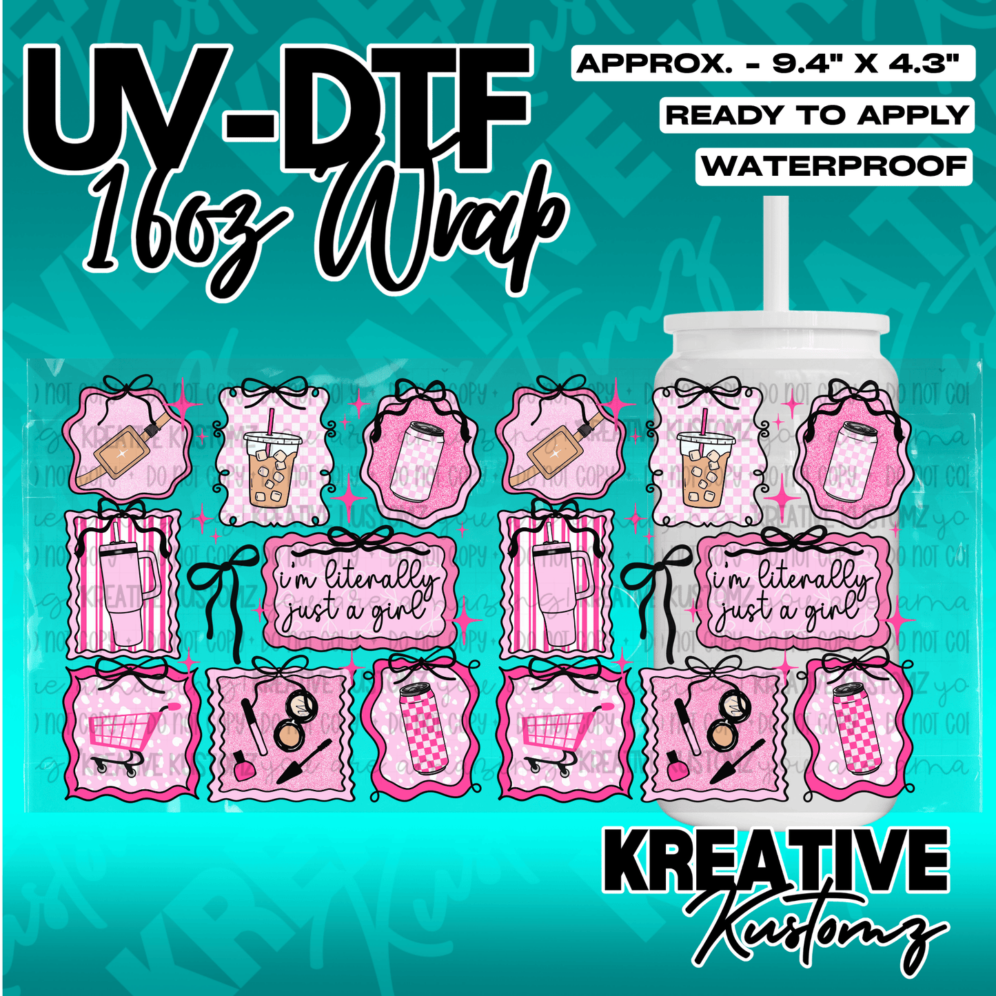 A pink and white patterned UV DTF adhesive wrap for 16oz glass cans featuring girl-themed icons.