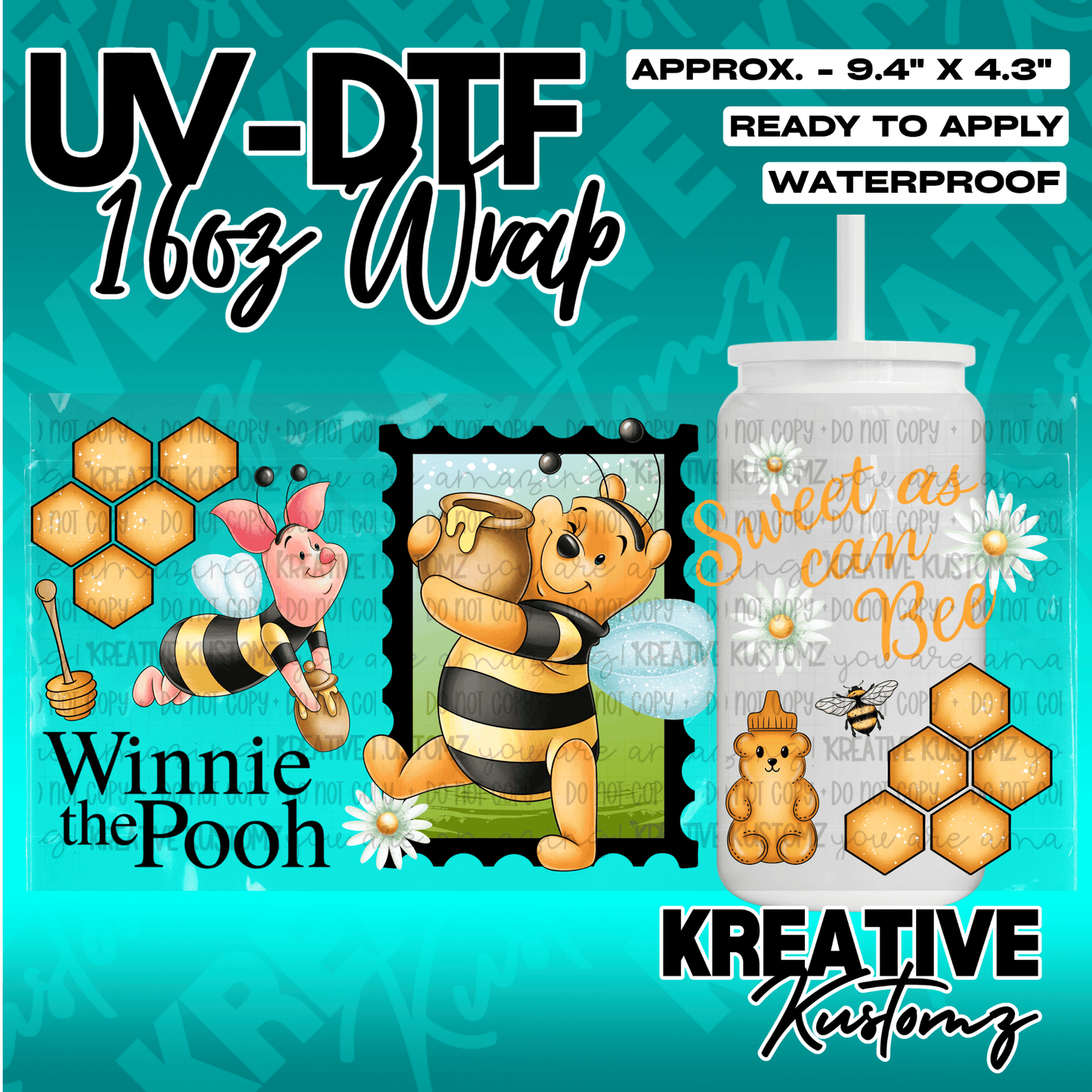 A Winnie the Pooh themed adhesive wrap for a 16oz glass cup featuring bees and honeycombs.