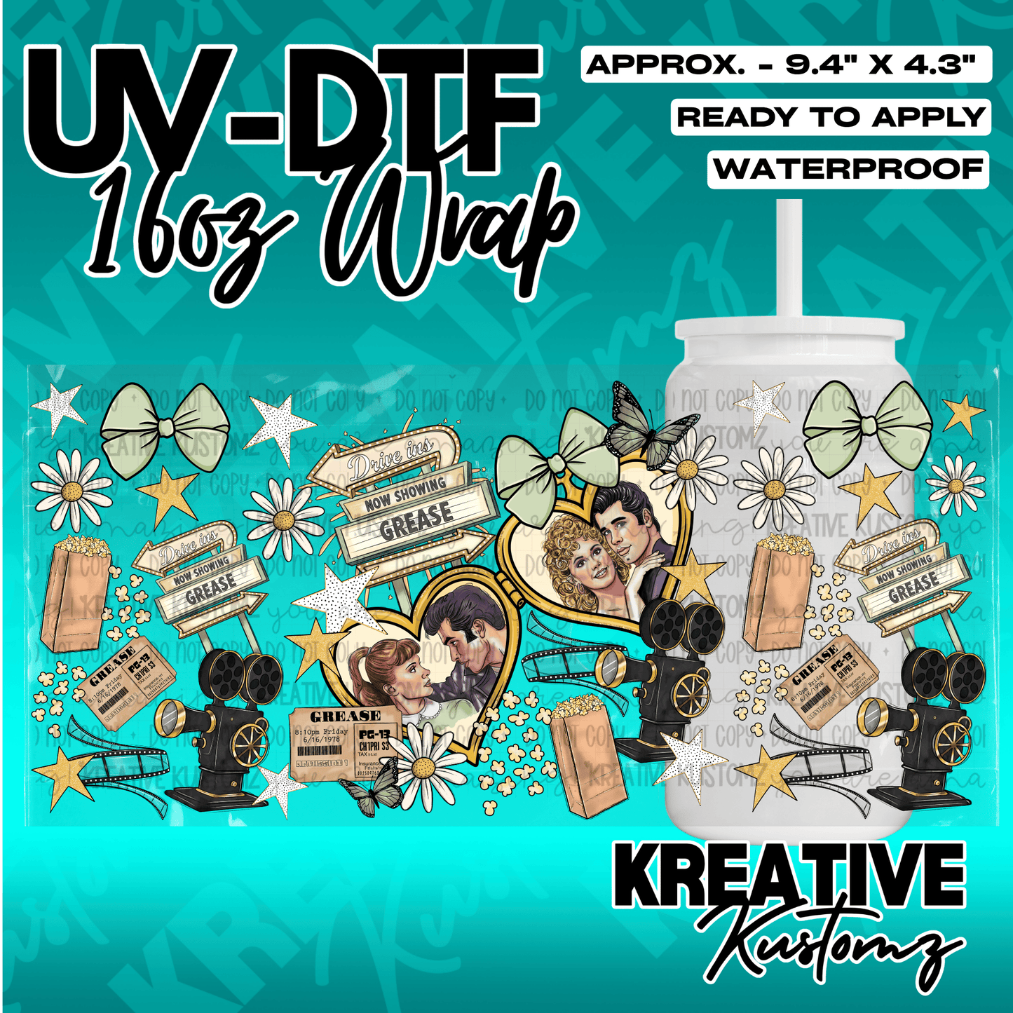 A Grease-themed UV DTF adhesive wrap for a 16oz glass can featuring movie-inspired graphics.