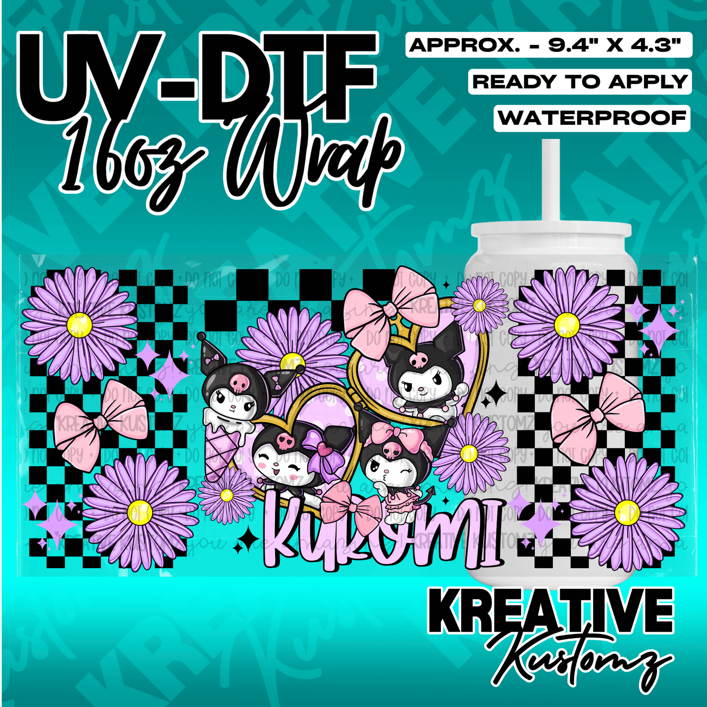 A Kuromi themed UV DTF cup wrap featuring purple flowers and bows on a black checkered background.