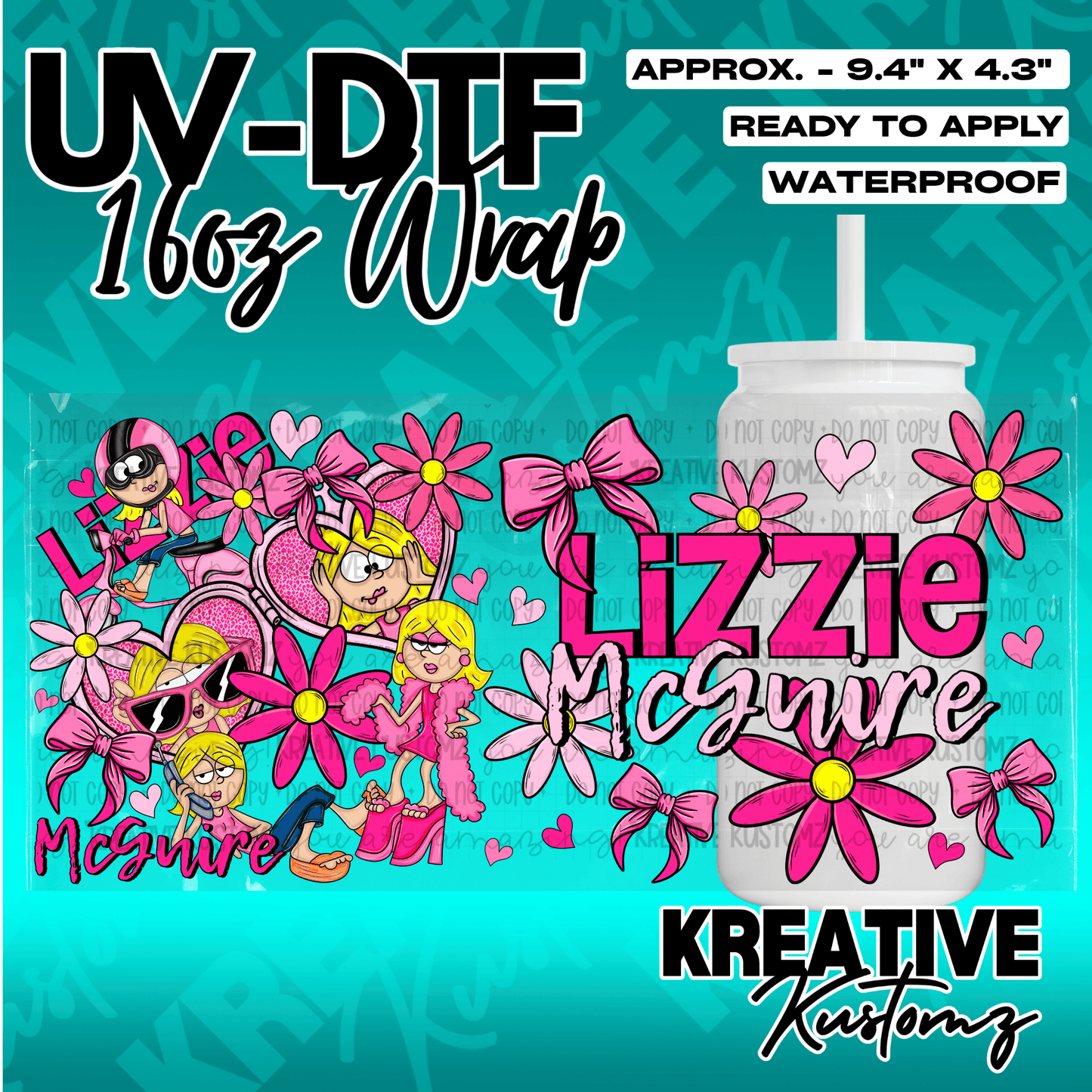 A pink and floral Lizzie McGuire themed adhesive wrap for a 16oz glass cup.