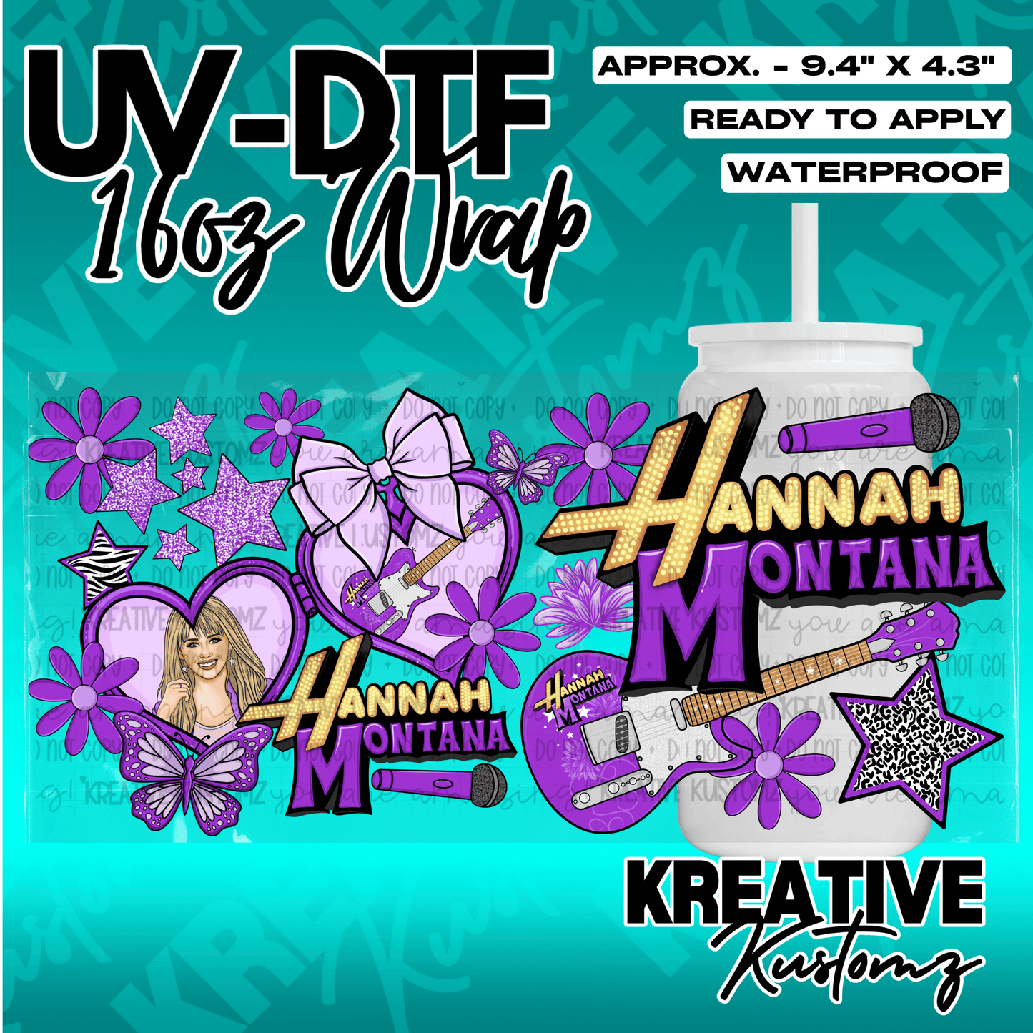 A Hannah Montana themed UV DTF adhesive wrap for a 16oz glass cup featuring purple floral designs.