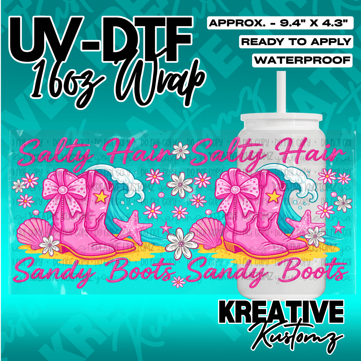 A UV DTF adhesive wrap for 16oz glass cans featuring pink cowboy boots, flowers, and waves.