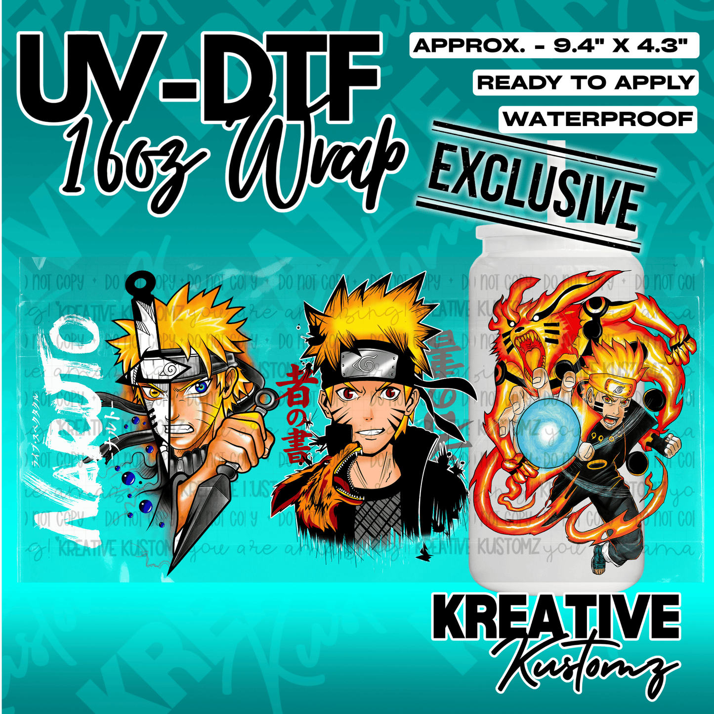 A Naruto themed UV DTF adhesive wrap for a 16oz glass cup featuring three character illustrations.