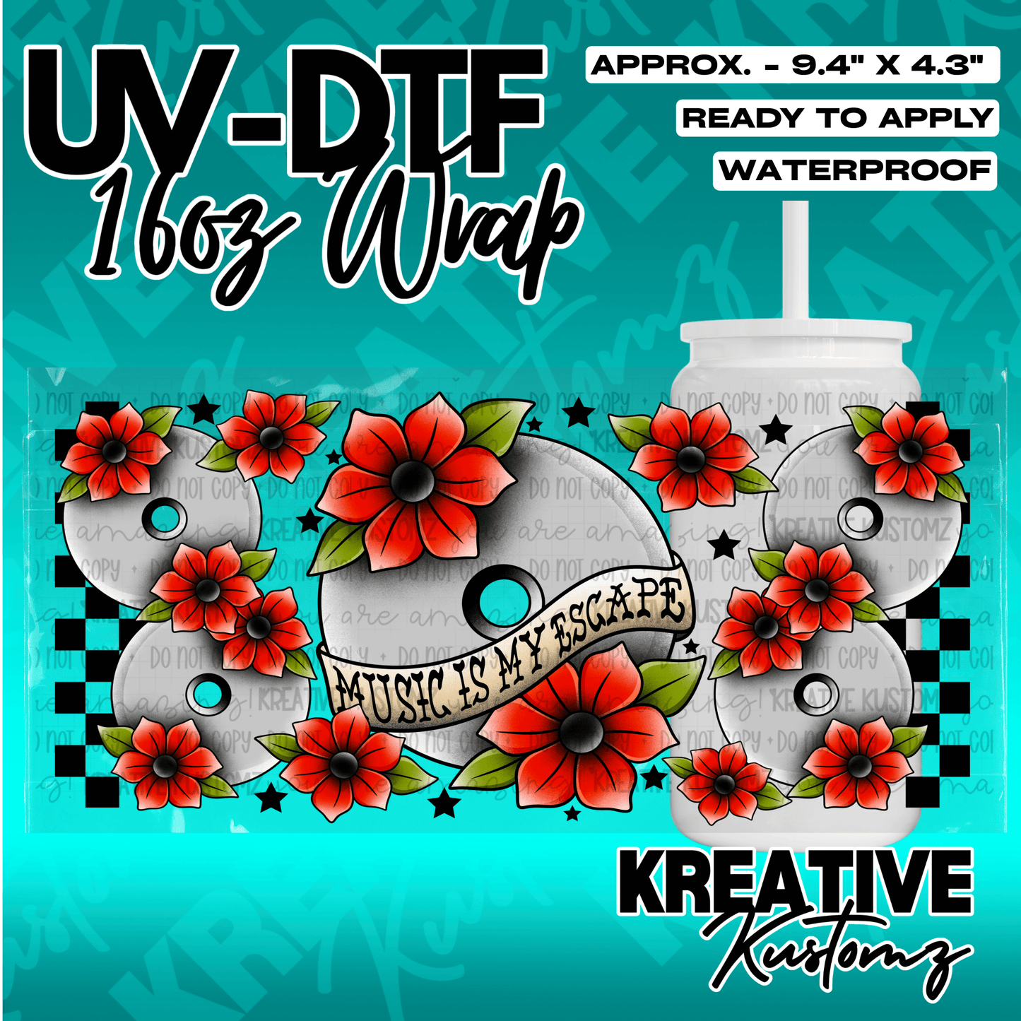 A UV DTF adhesive wrap for 16oz glass cans featuring red flowers and music-themed graphics.