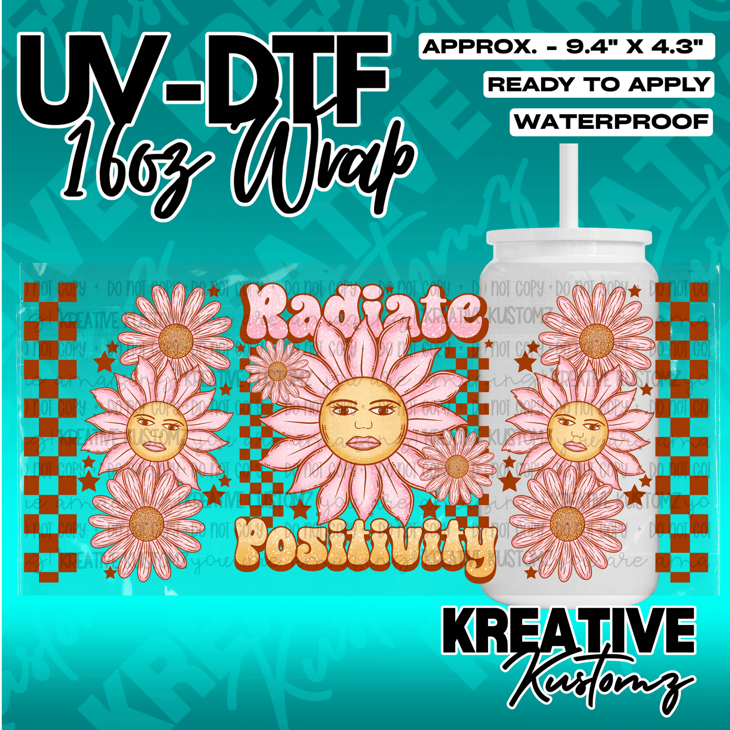 A UV DTF adhesive wrap for 16oz glass cans featuring pink sun-faced flowers and brown checkers.